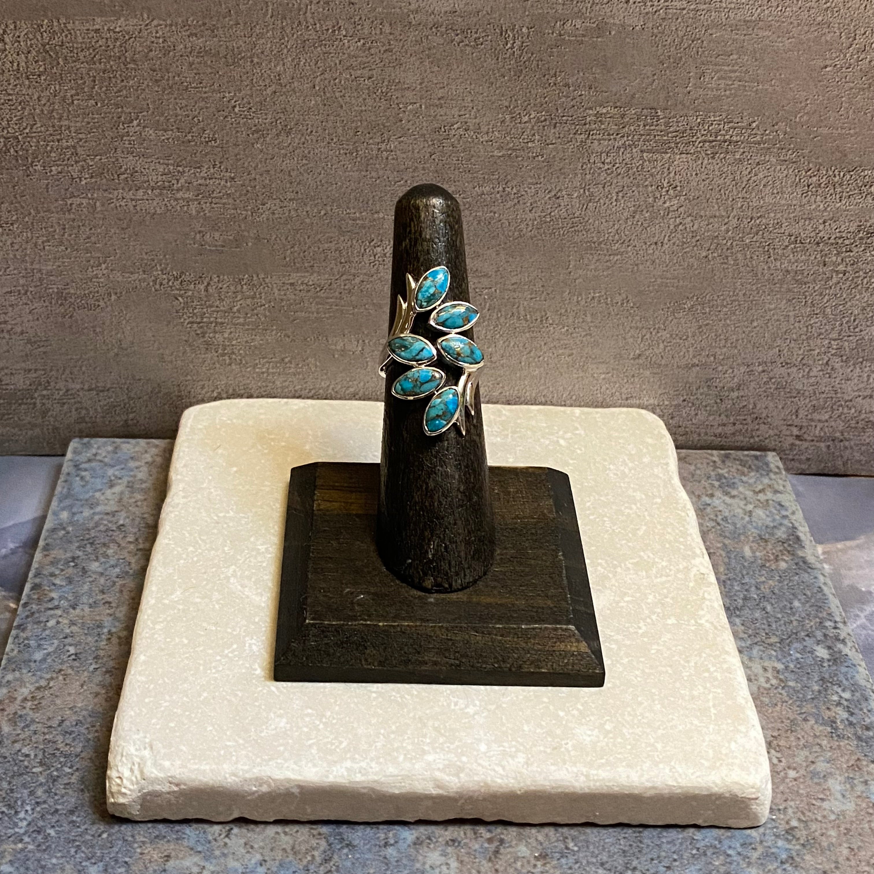 Sterling Silver Six Leaf Copper Turquoise Ring Size 5.5