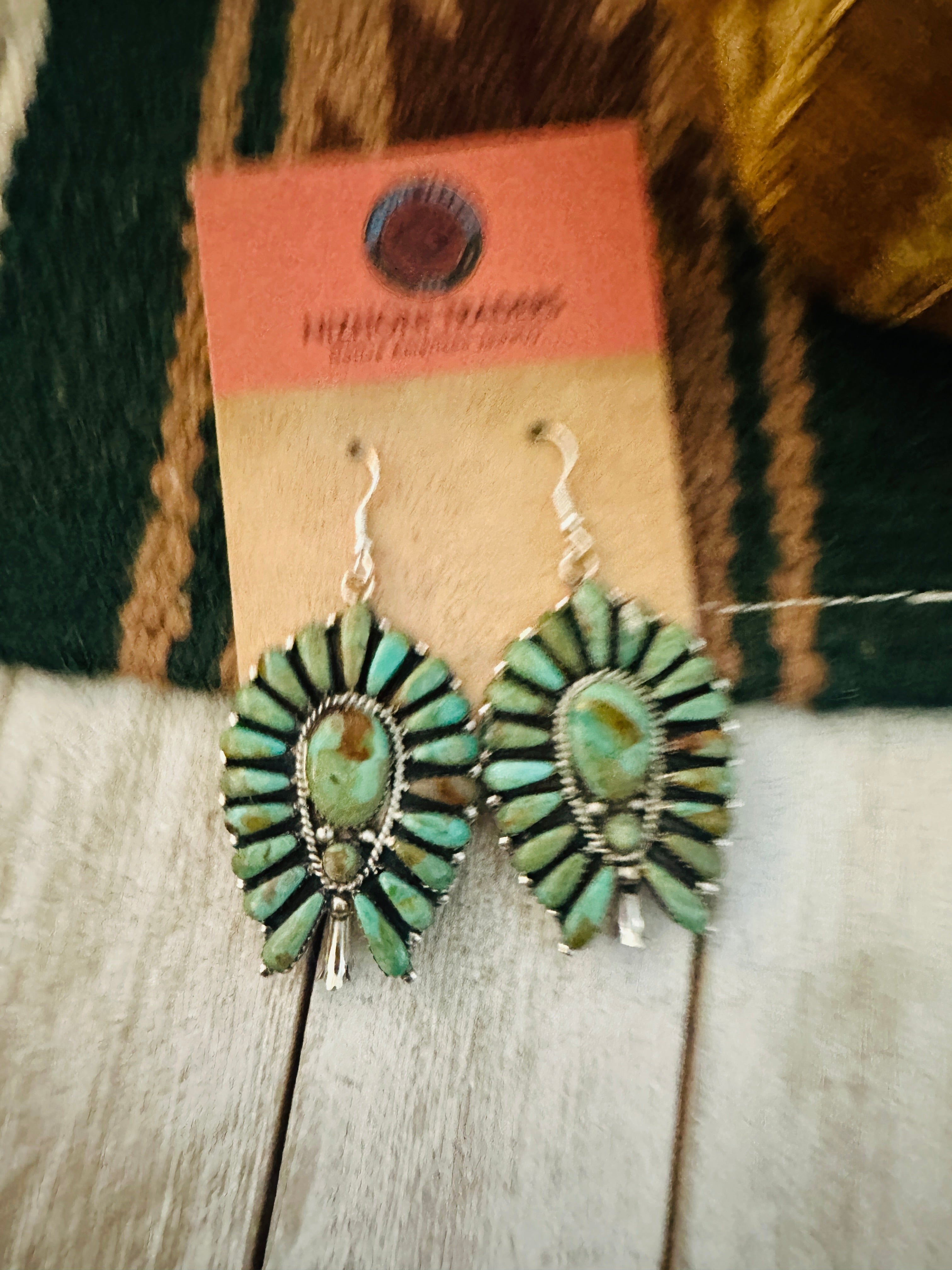 Navajo Royston Turquoise & Sterling Silver Cluster Blossom Dangle Earrings