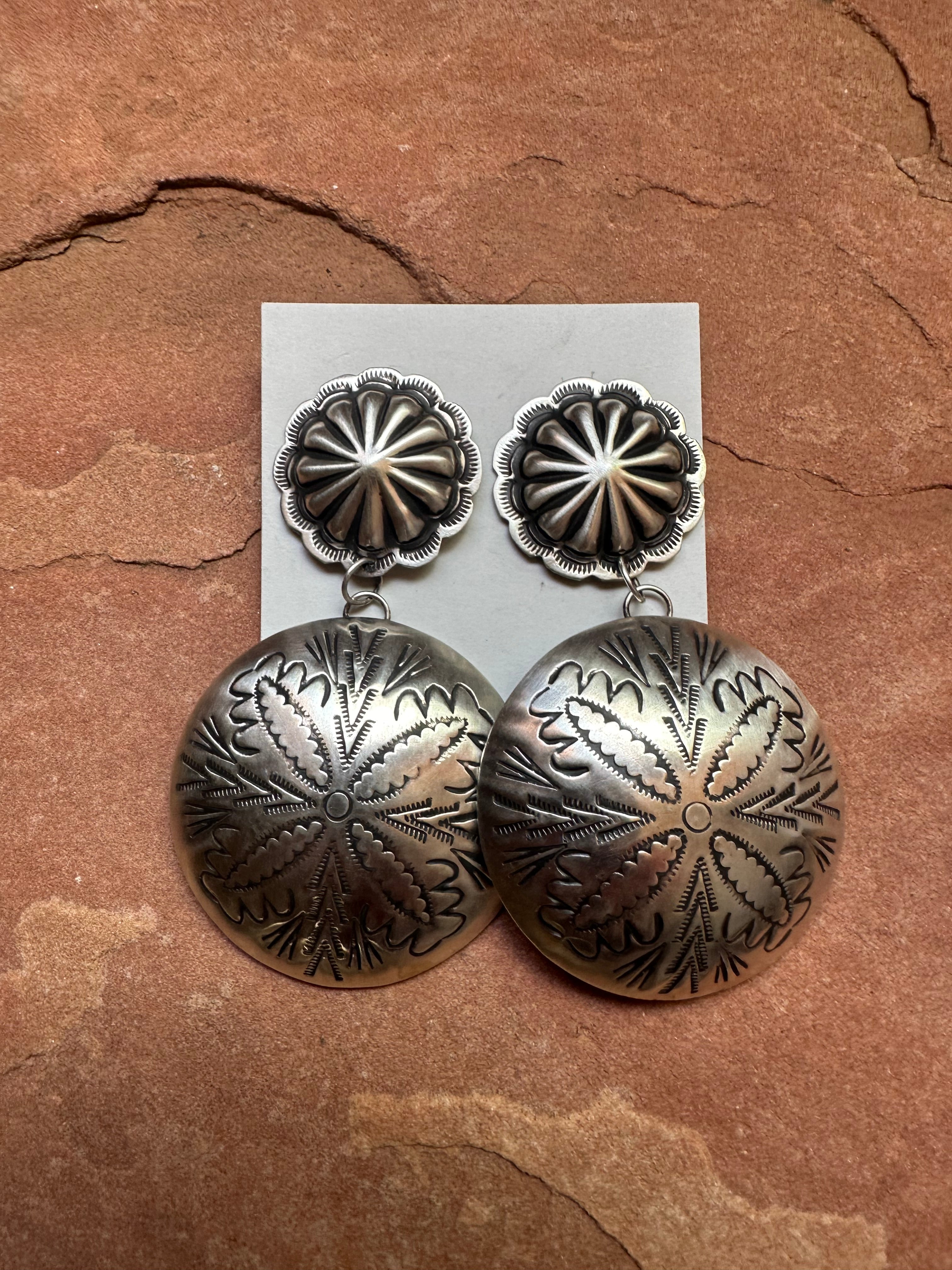 Beautiful Navajo Sterling Silver Concho Dangle Earrings Signed L. Tahe