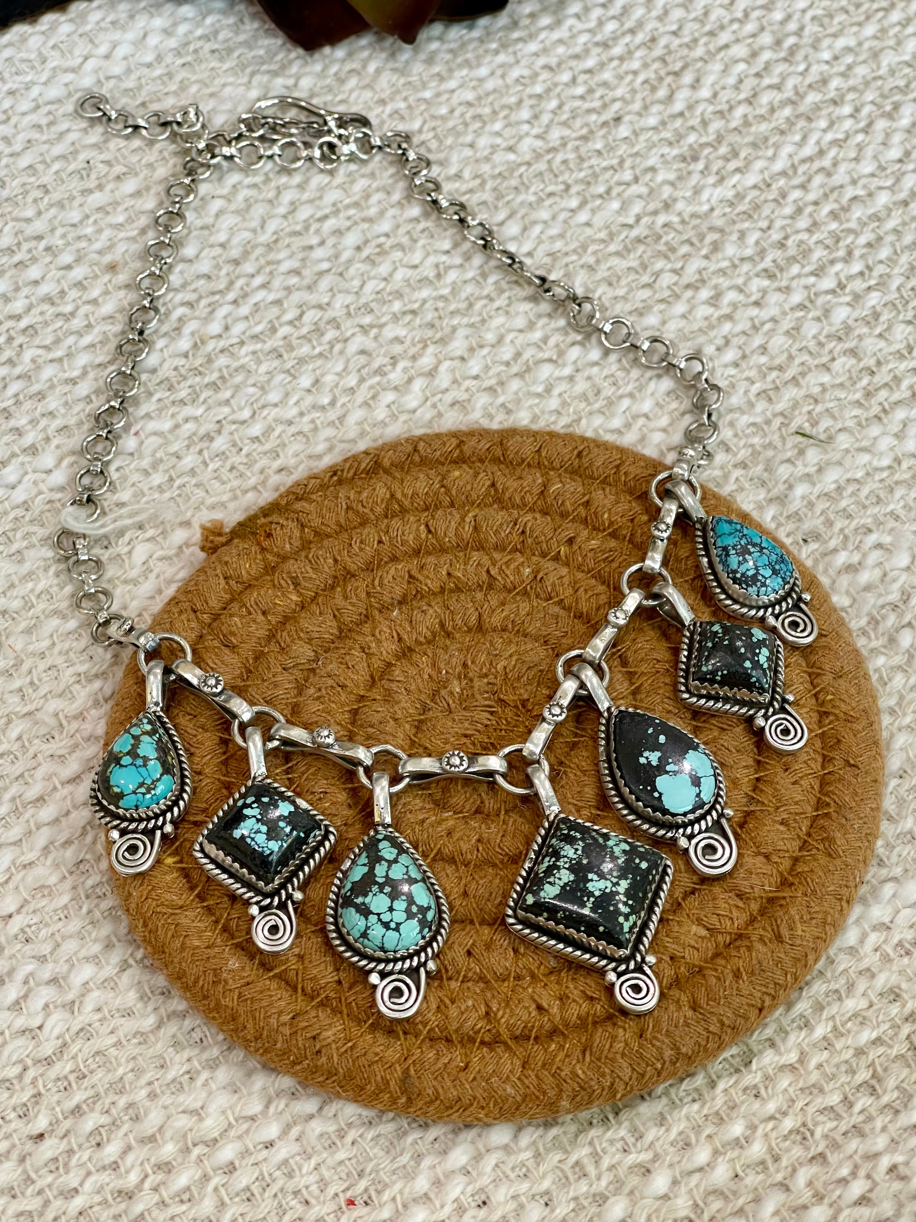 Handmade Sterling Silver Number 8 Turquoise Necklace with Signed Nizhoni