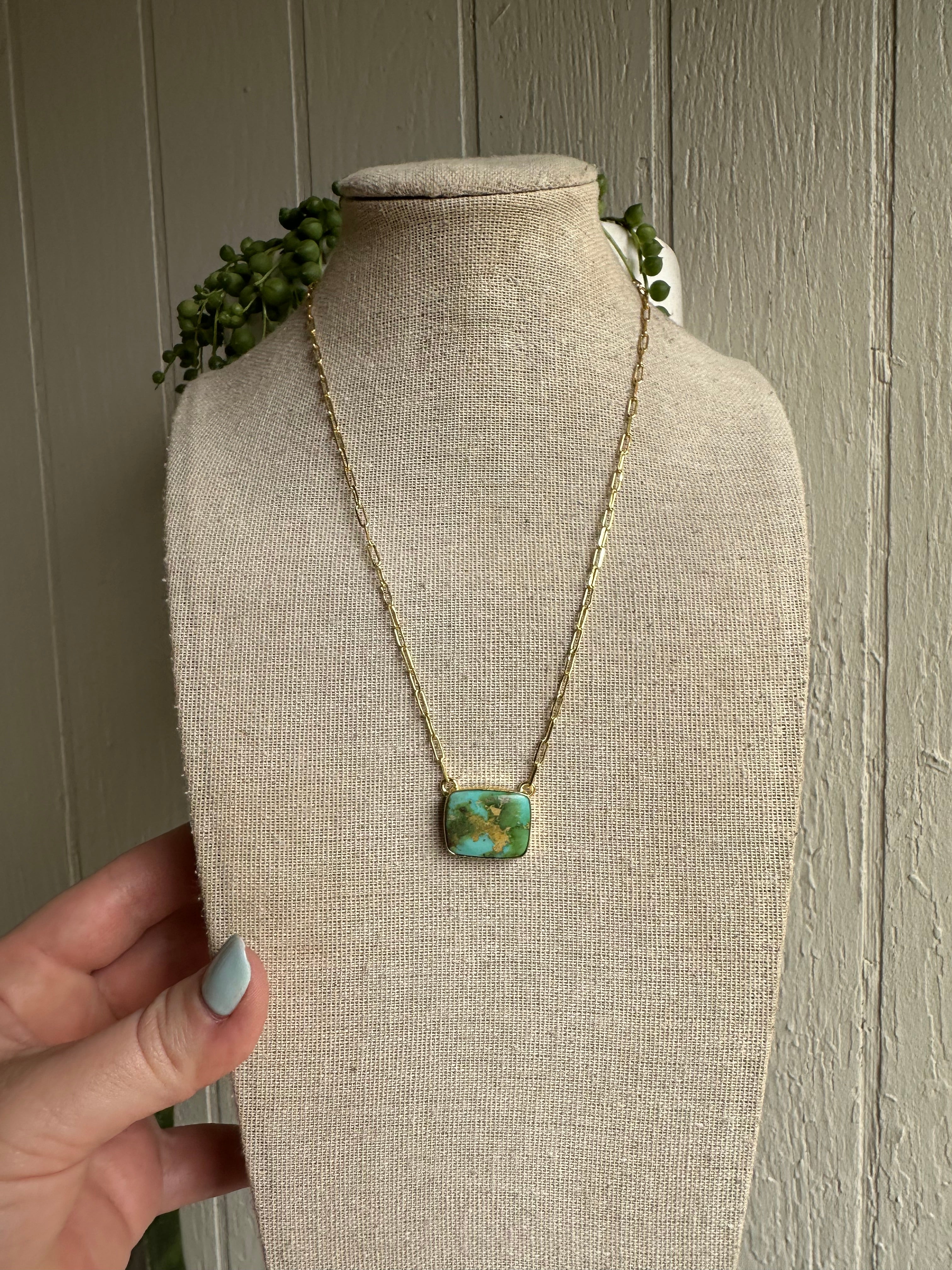 “The Golden Collection” GOLDEN MORNING Handmade Natural Sonoran Turquoise 14k Gold Plated Square Necklace