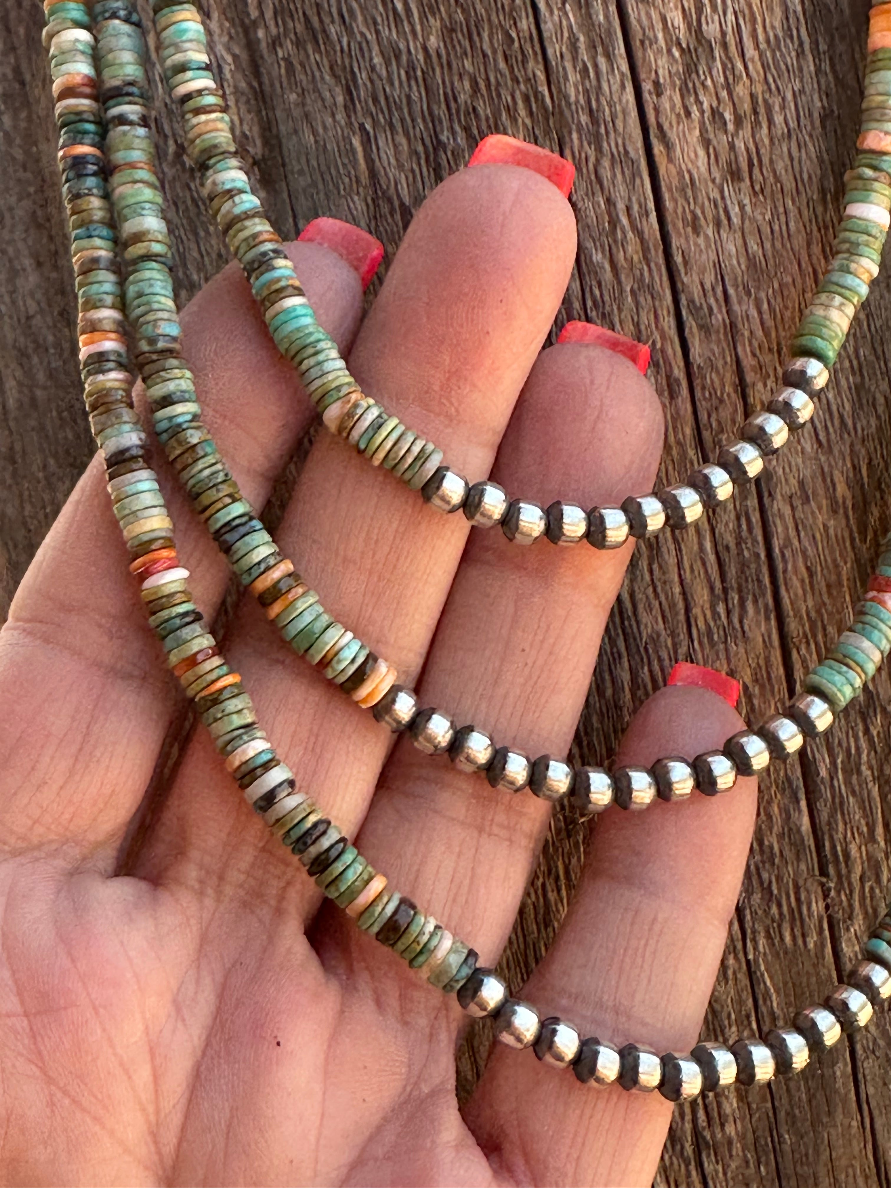 Handcrafted Kingman Turquoise & Spiny Sterling Silver 5mm Beaded Necklace