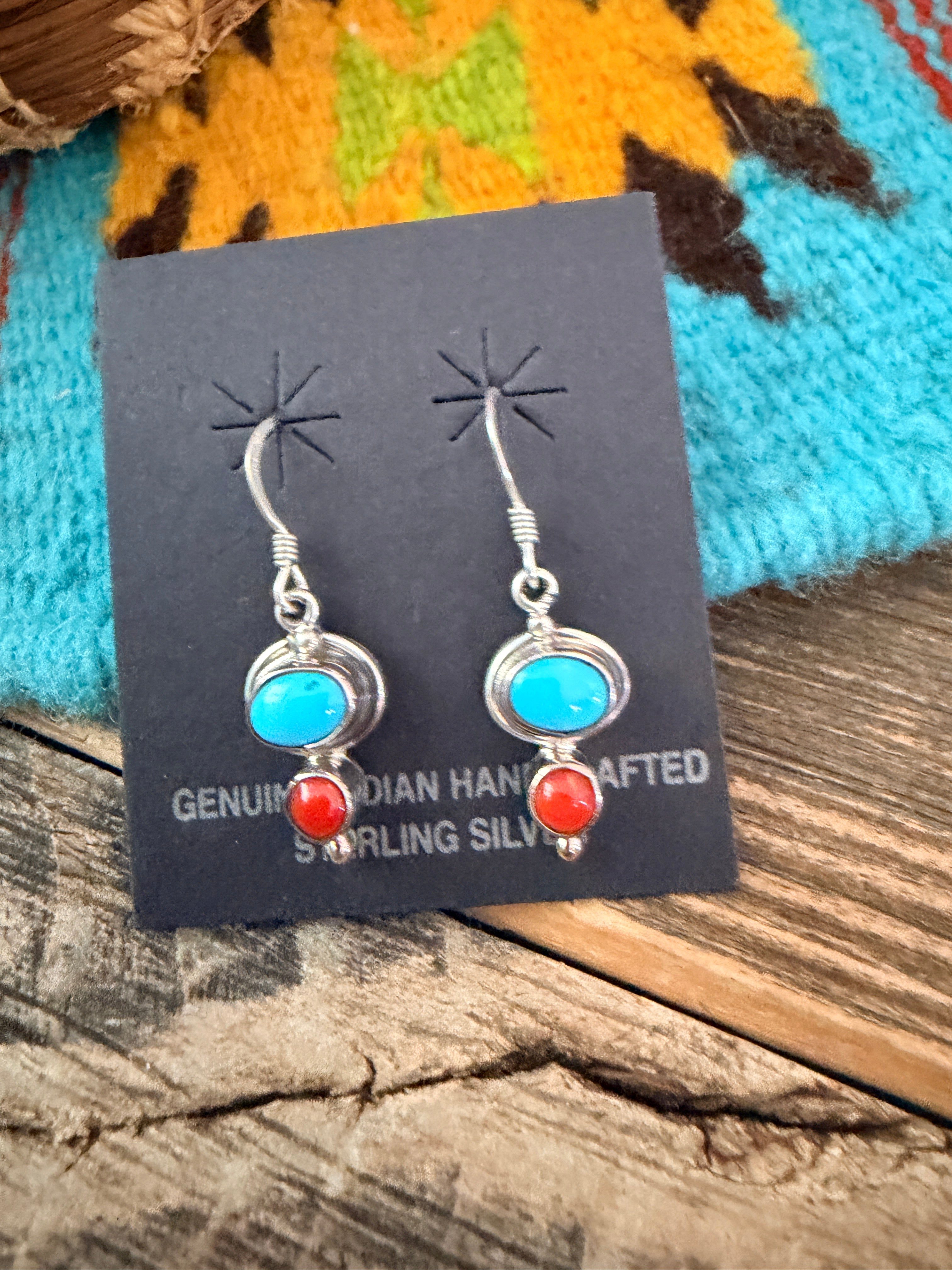 Handcrafted Turquoise, Coral & Sterling Silver Dangle Earrings