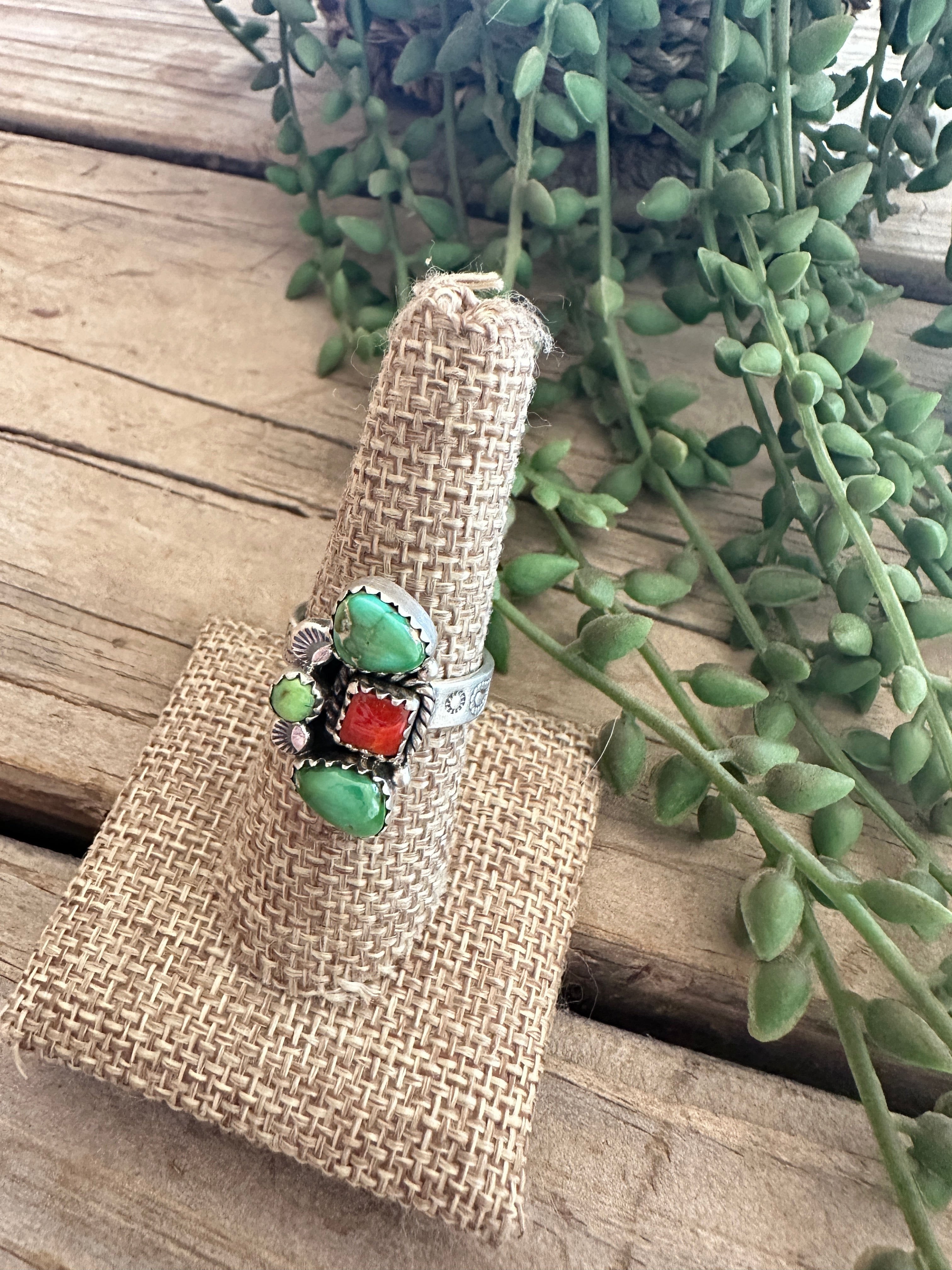 Beautiful Handmade Sonoran Turquoise, Coral And Sterling Silver Adjustable Ring