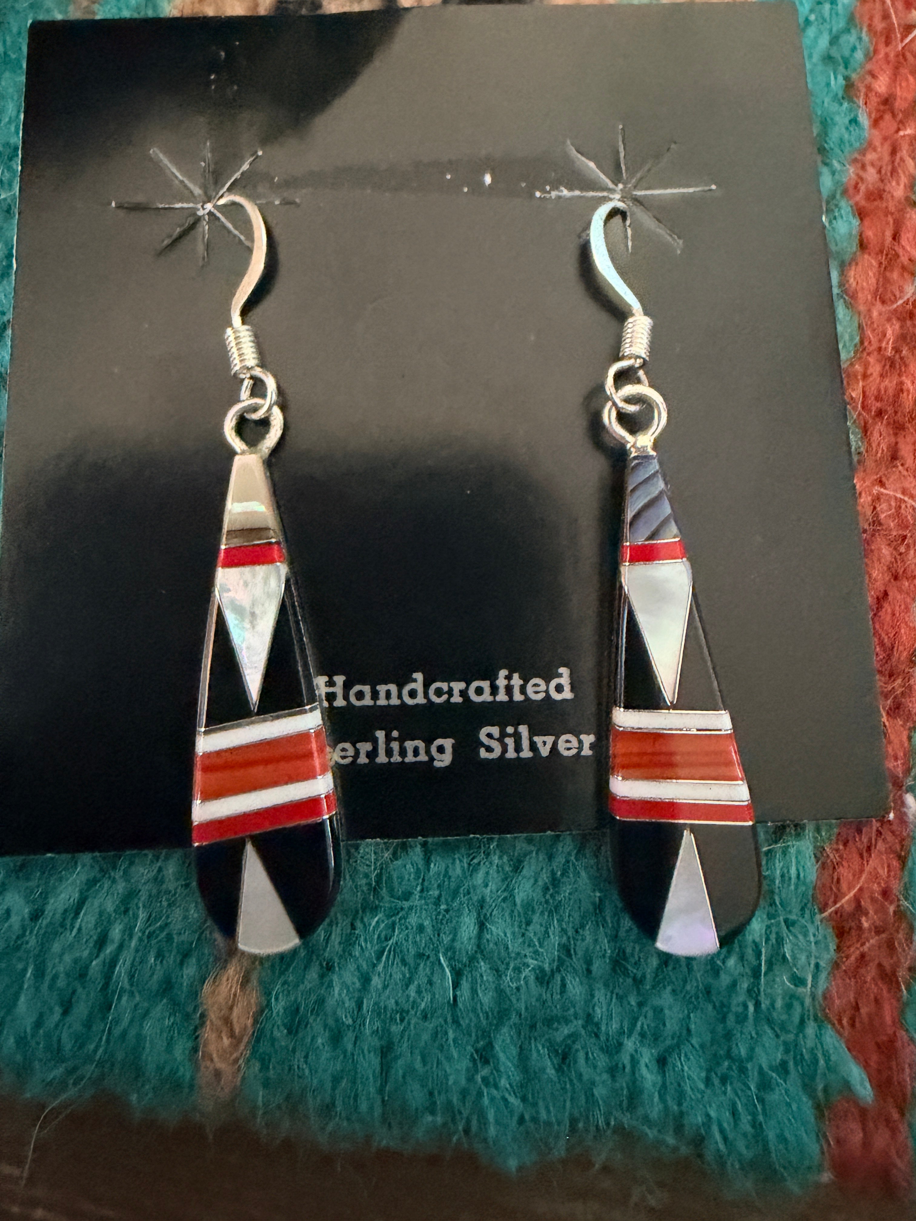 Old Pawn Handcrafted Sterling Silver & Multi Stone Inlay Dangle Earrings