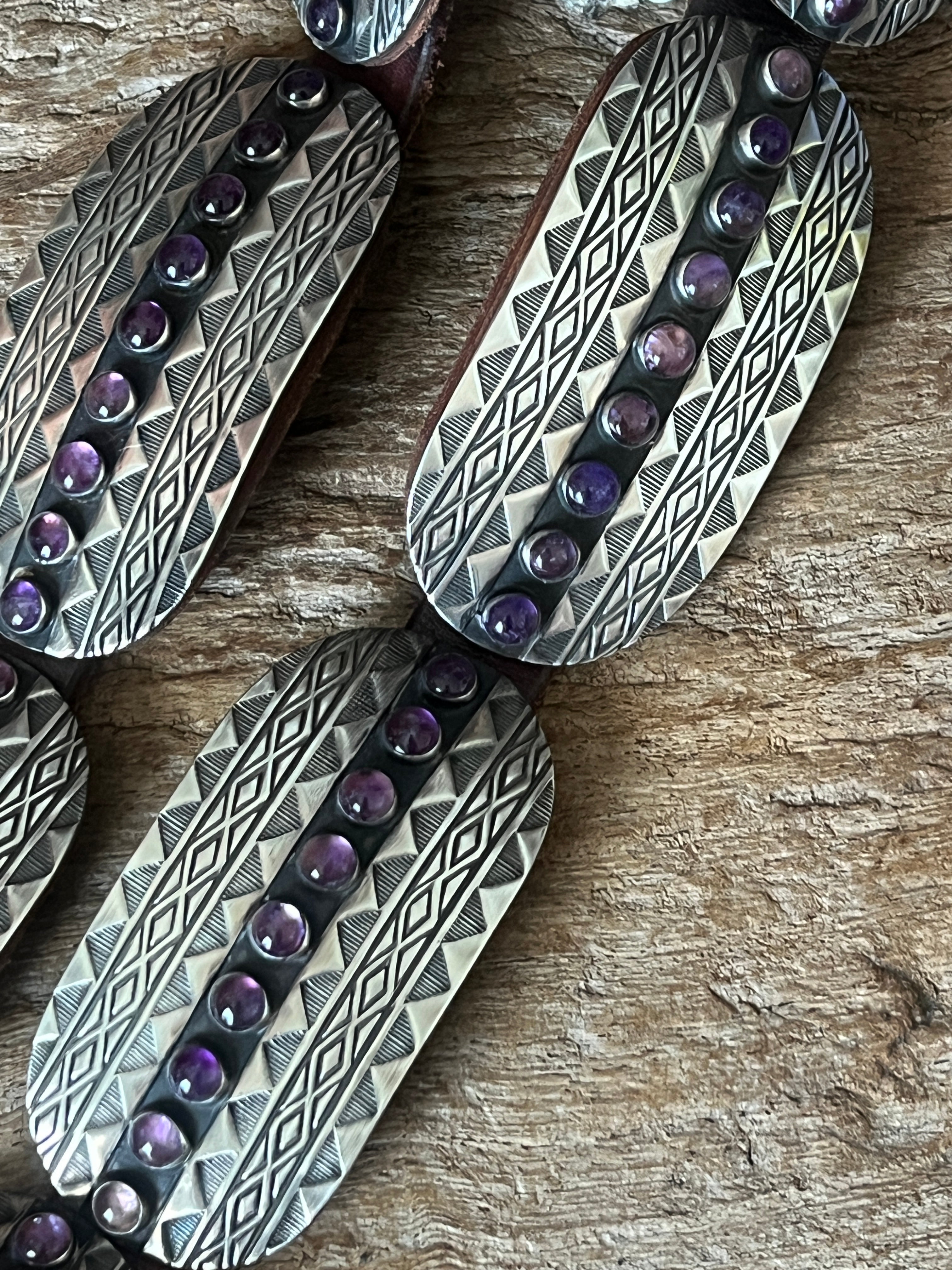 Stunning Old Pawn Handcrafted Sterling Silver and Amethyst Concho Belt by Seth Brown, Taos