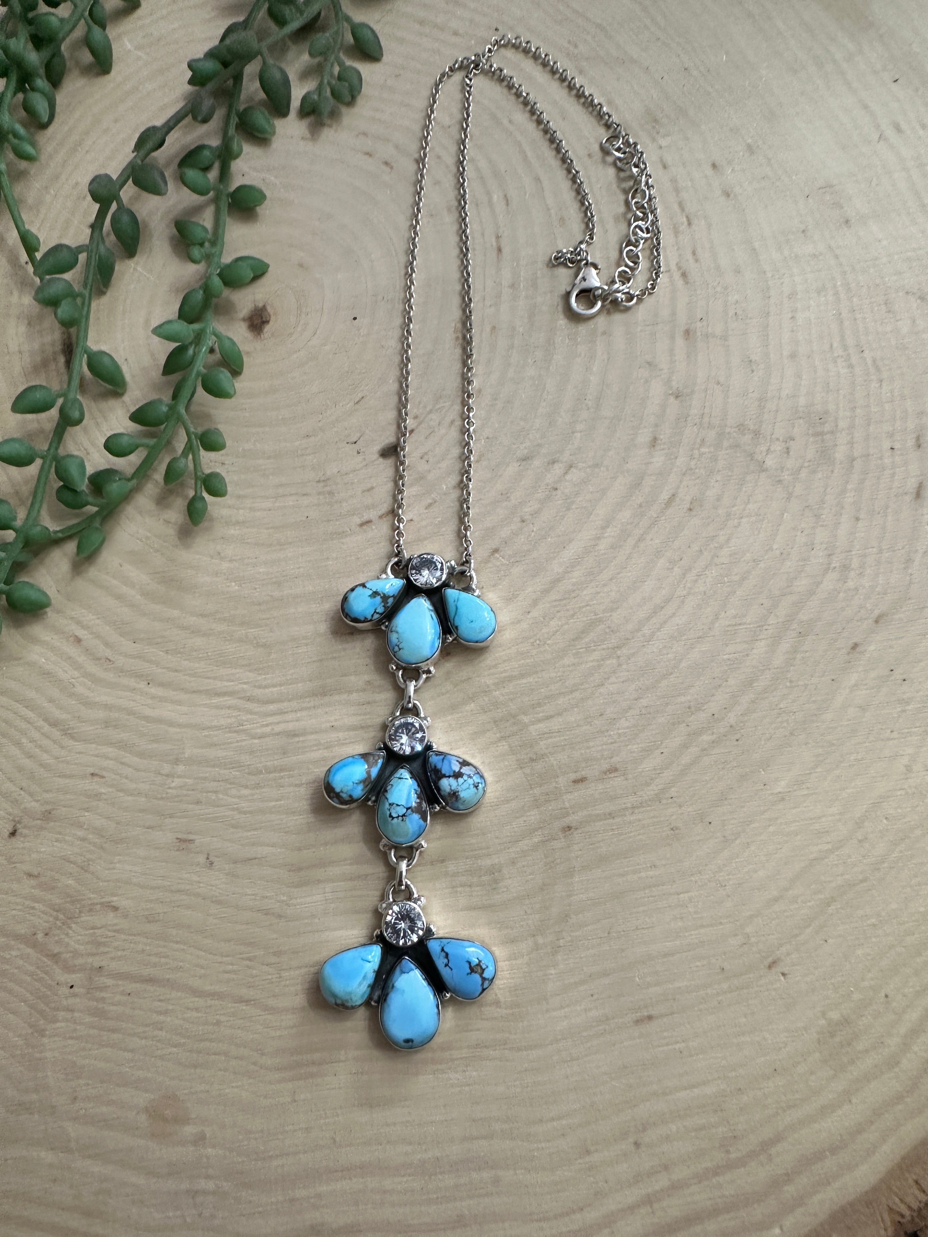 Beautiful Handmade Sterling Silver, CZ & Golden Hills Turquoise Necklace