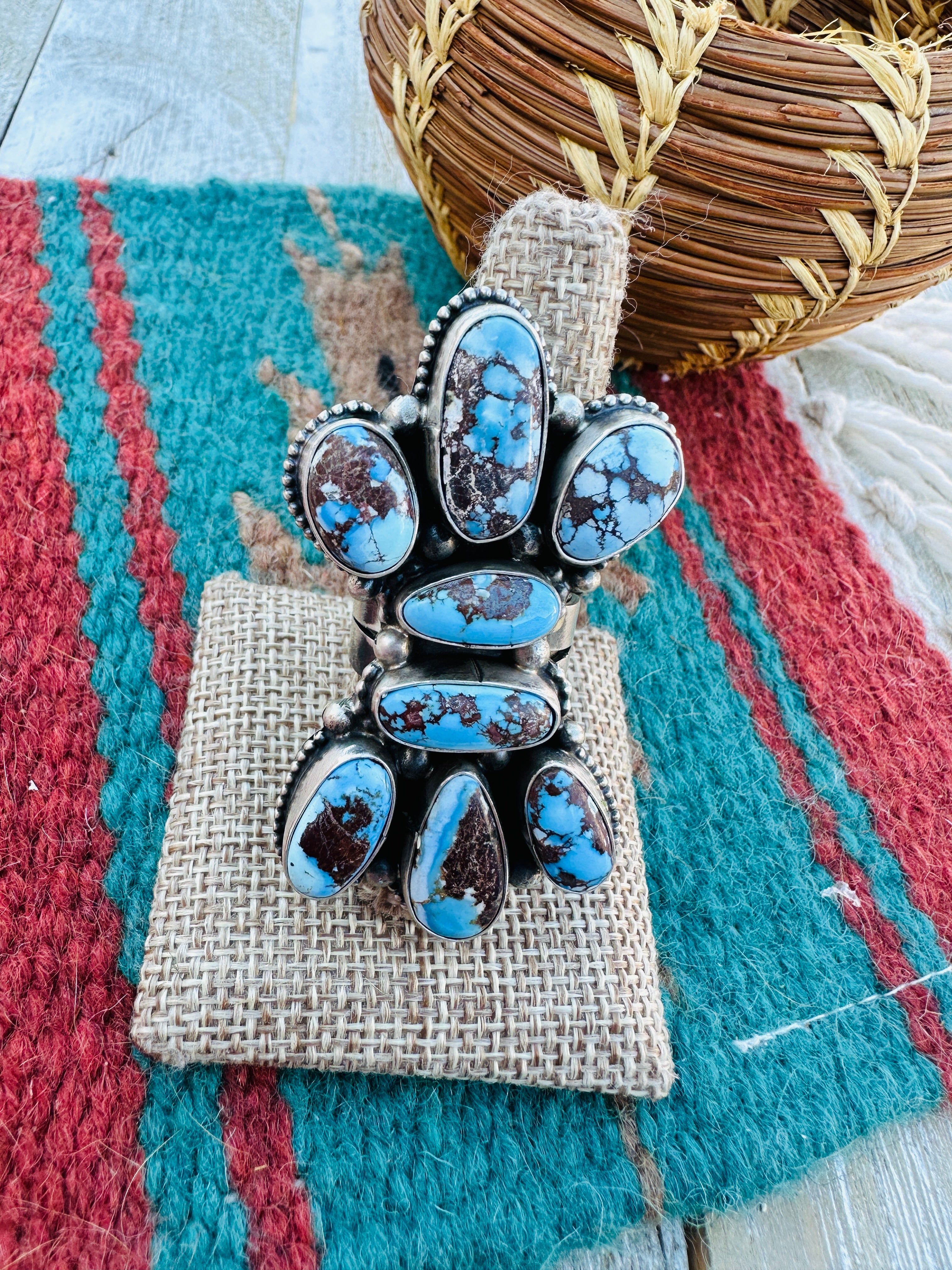 Hand Crafted Golden Hills Turquoise & Sterling Silver Ring Size 10 by Sheila Becenti