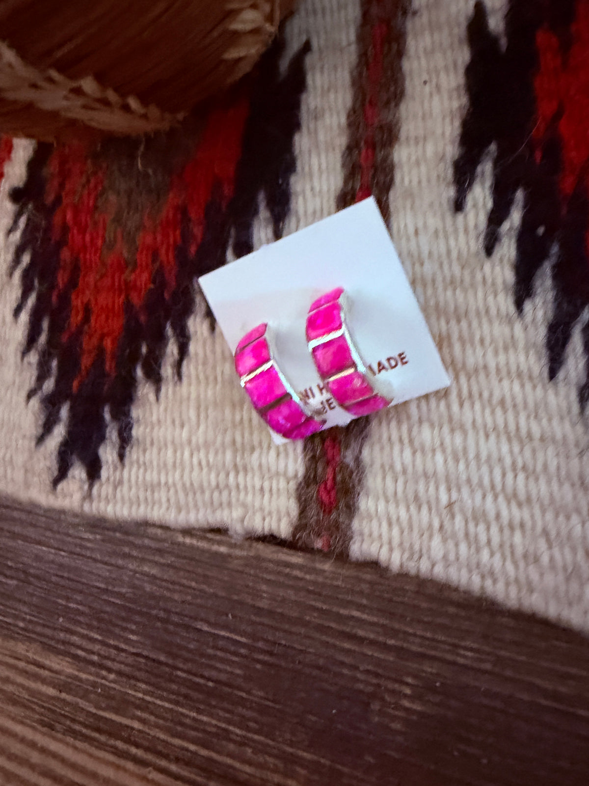 Handcrafted Sterling Silver & Pink Opal Inlay Hoop Earrings
