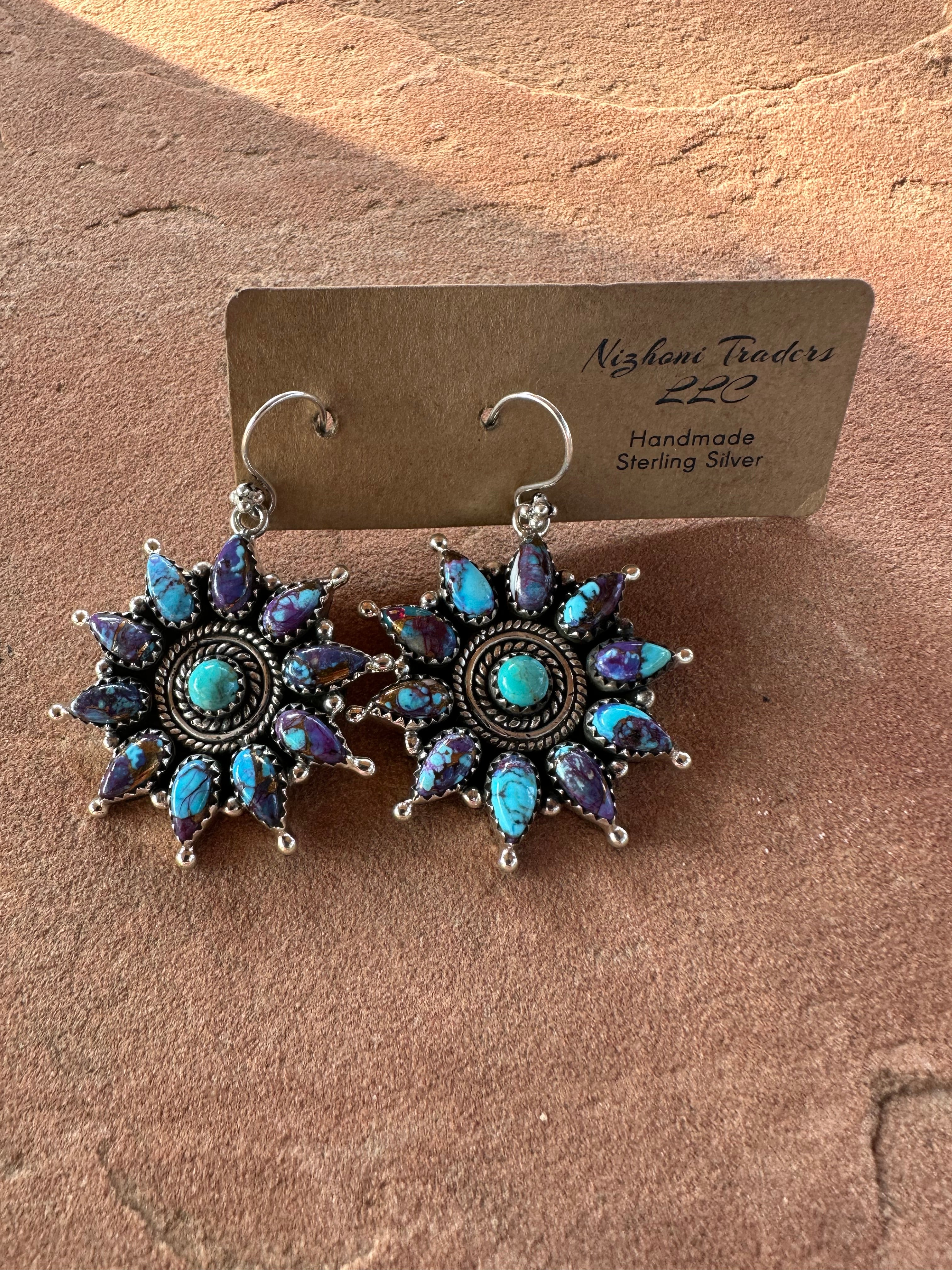 Handmade Purple Dream, Turquoise And Sterling Silver Cluster Dangle Earrings