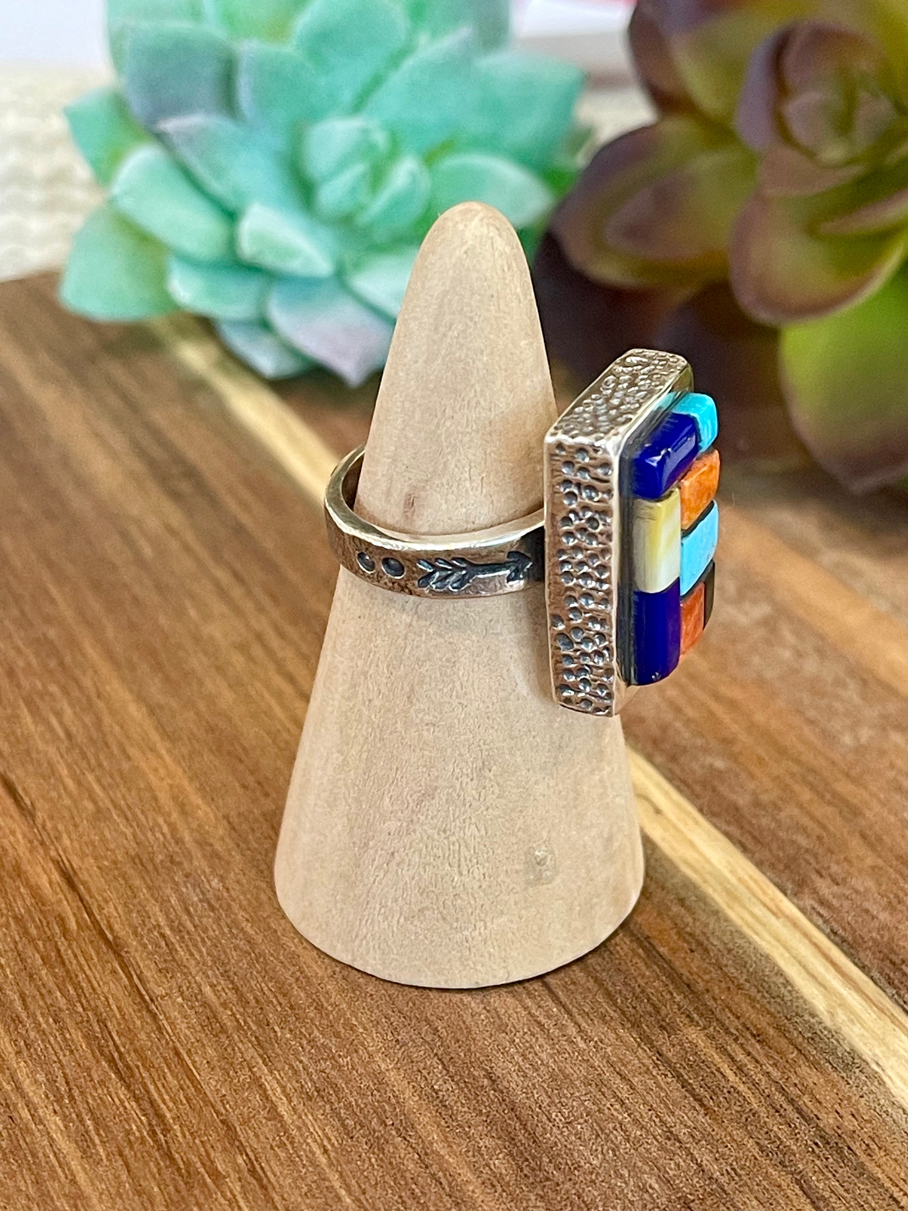 Handmade Sterling Silver & Multi Stone Inlay Ring Size 6.25