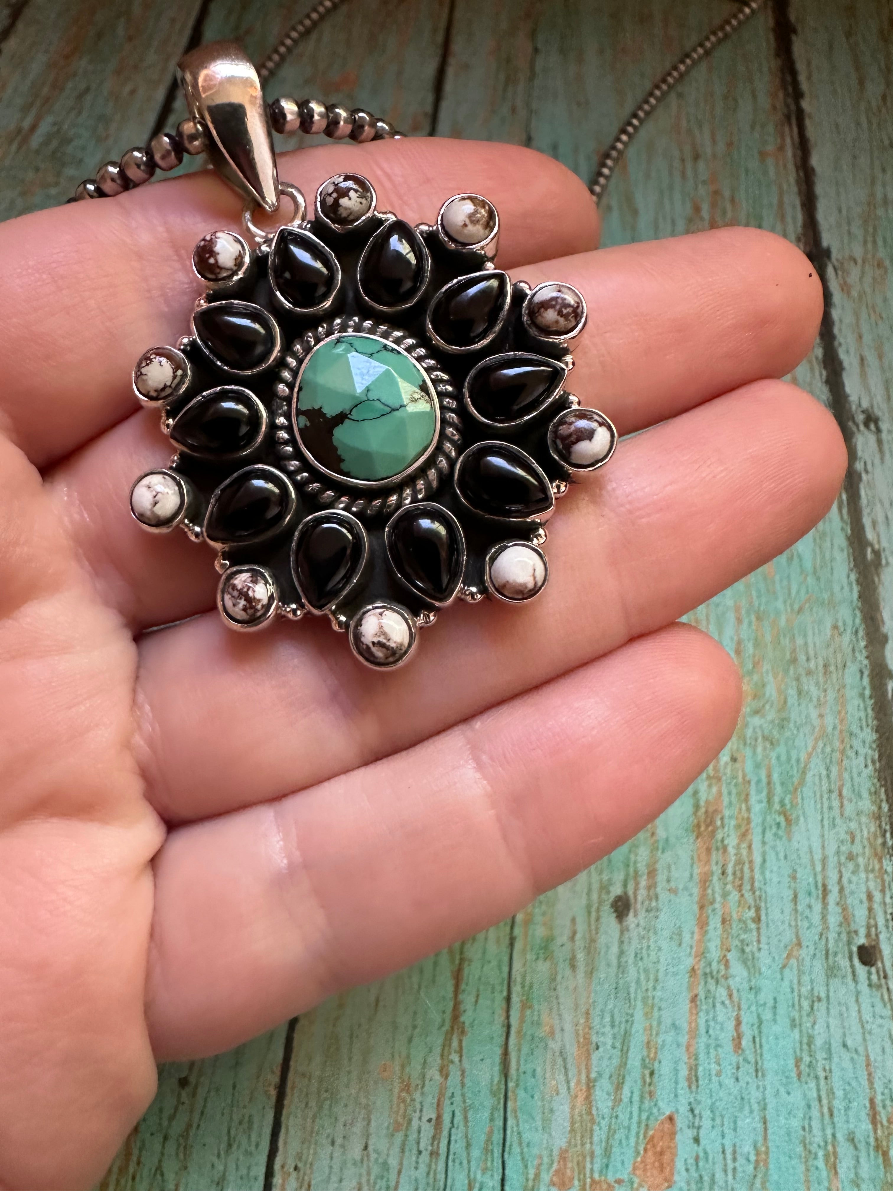 Handmade Sterling Silver, Wild Horse, Turquoise & Onyx Pendant