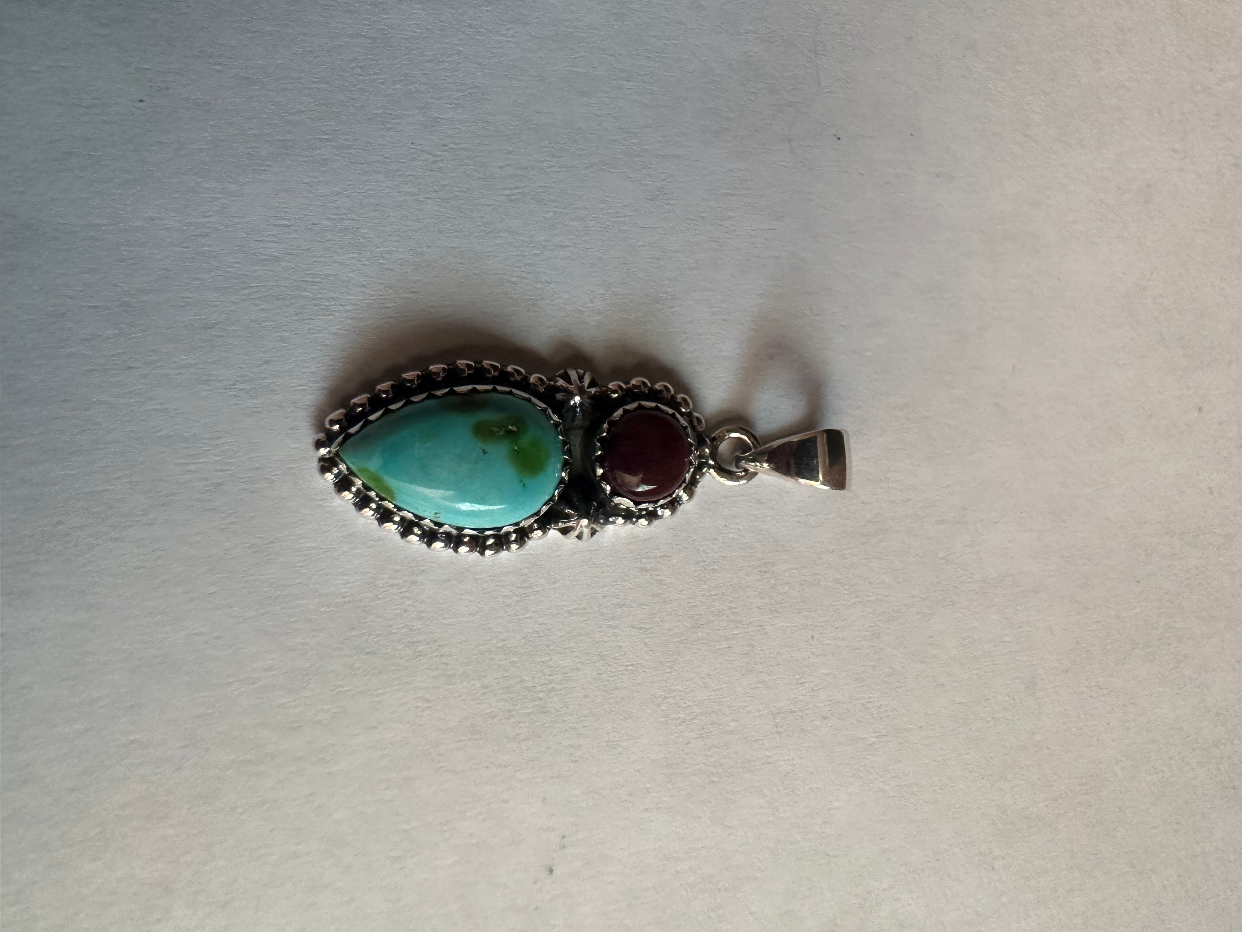 Handmade Purple Spiny, Sonoran Turquoise & Sterling Silver 2 Stone Pendant Signed Nizhoni