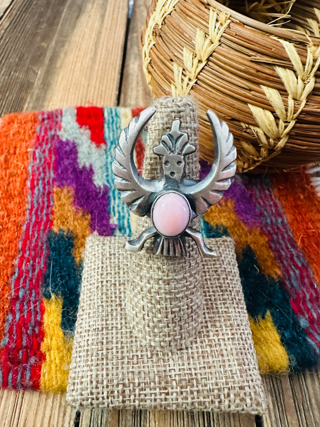 Handcrafted Queen Pink Conch and Sterling Silver Thunderbird Ring size 5 by Chimney Butte