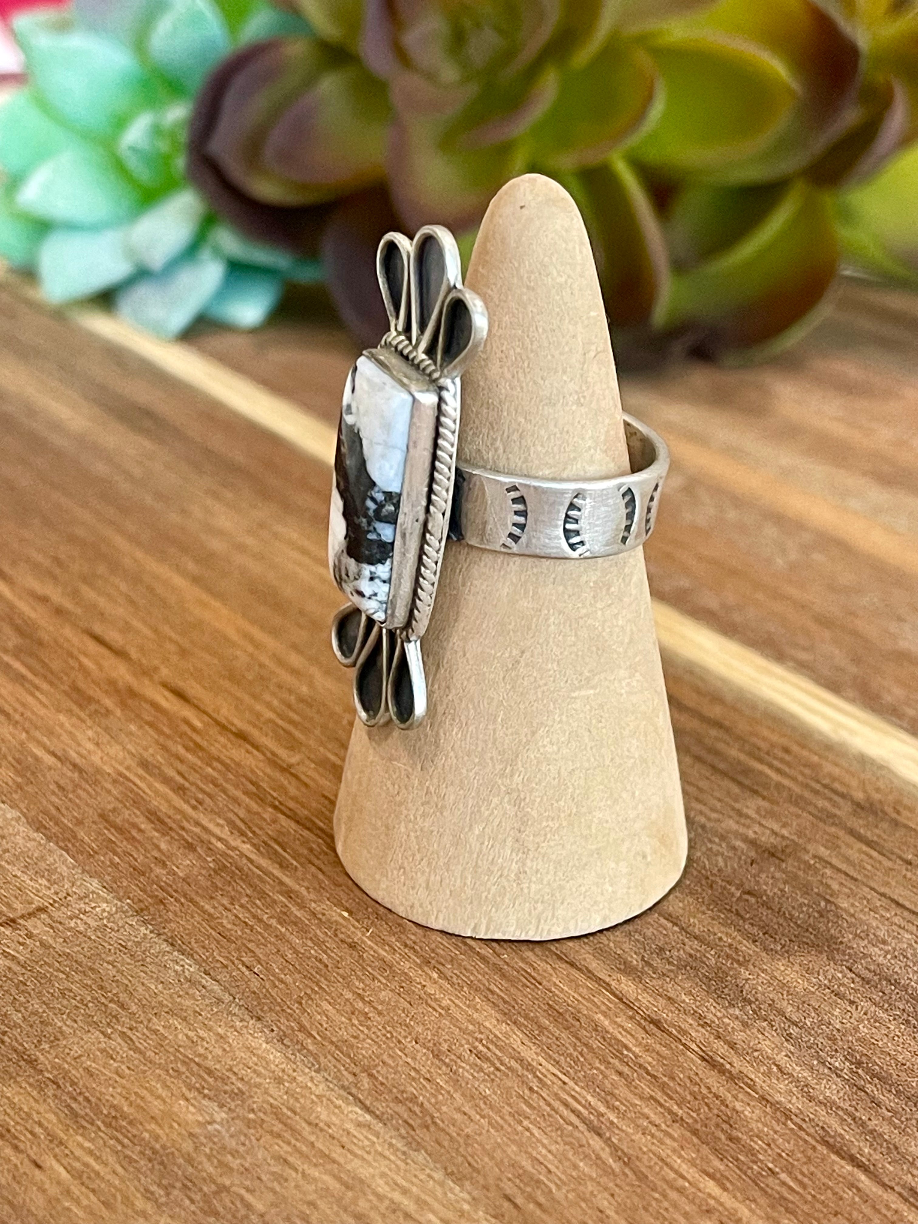 Beautiful Handmade White Buffalo And Sterling Silver Adjustable  Ring