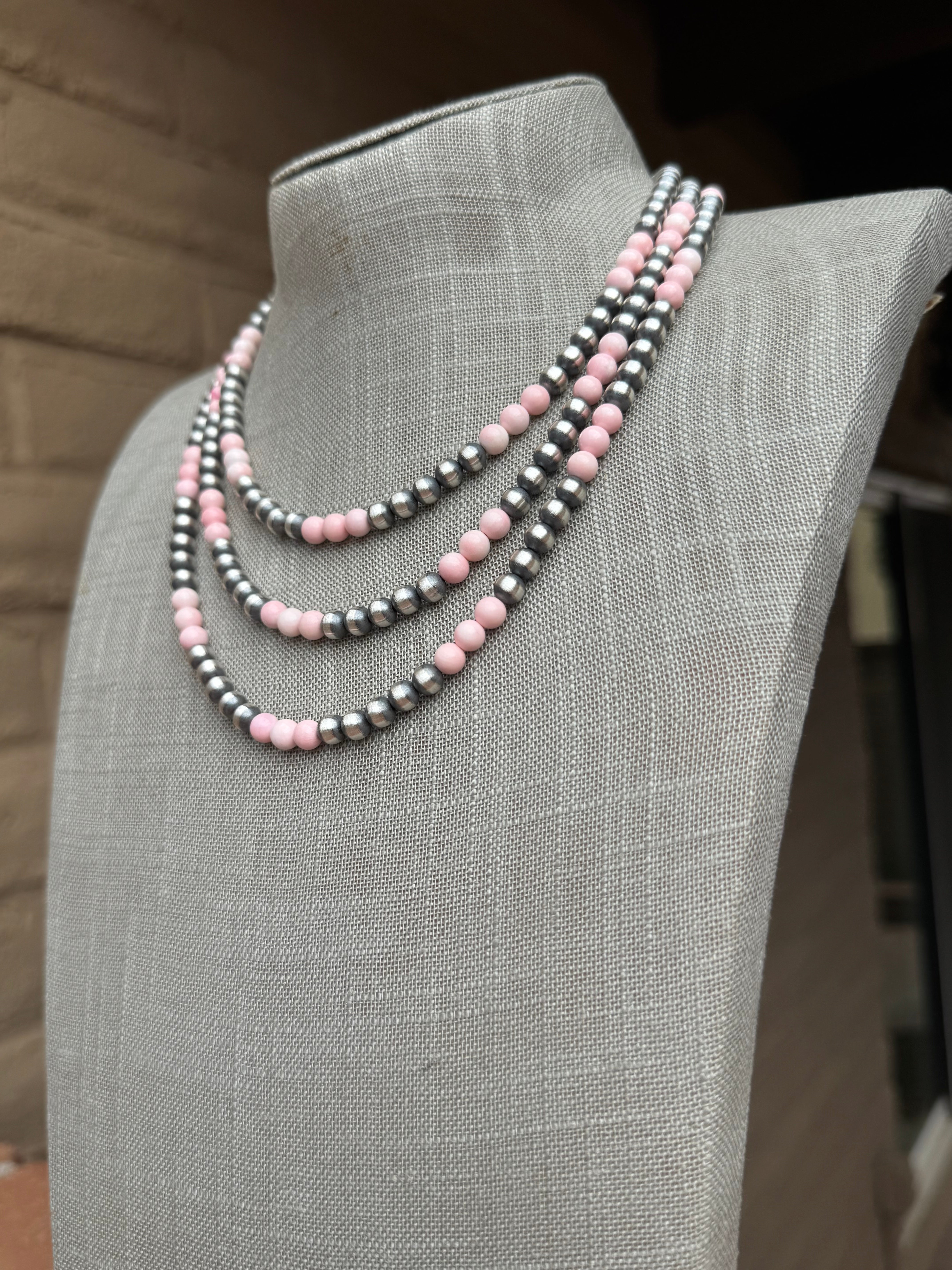 Handcrafted  Sterling Silver Pearl & Queen Pink Conch Beaded Necklace 6mm