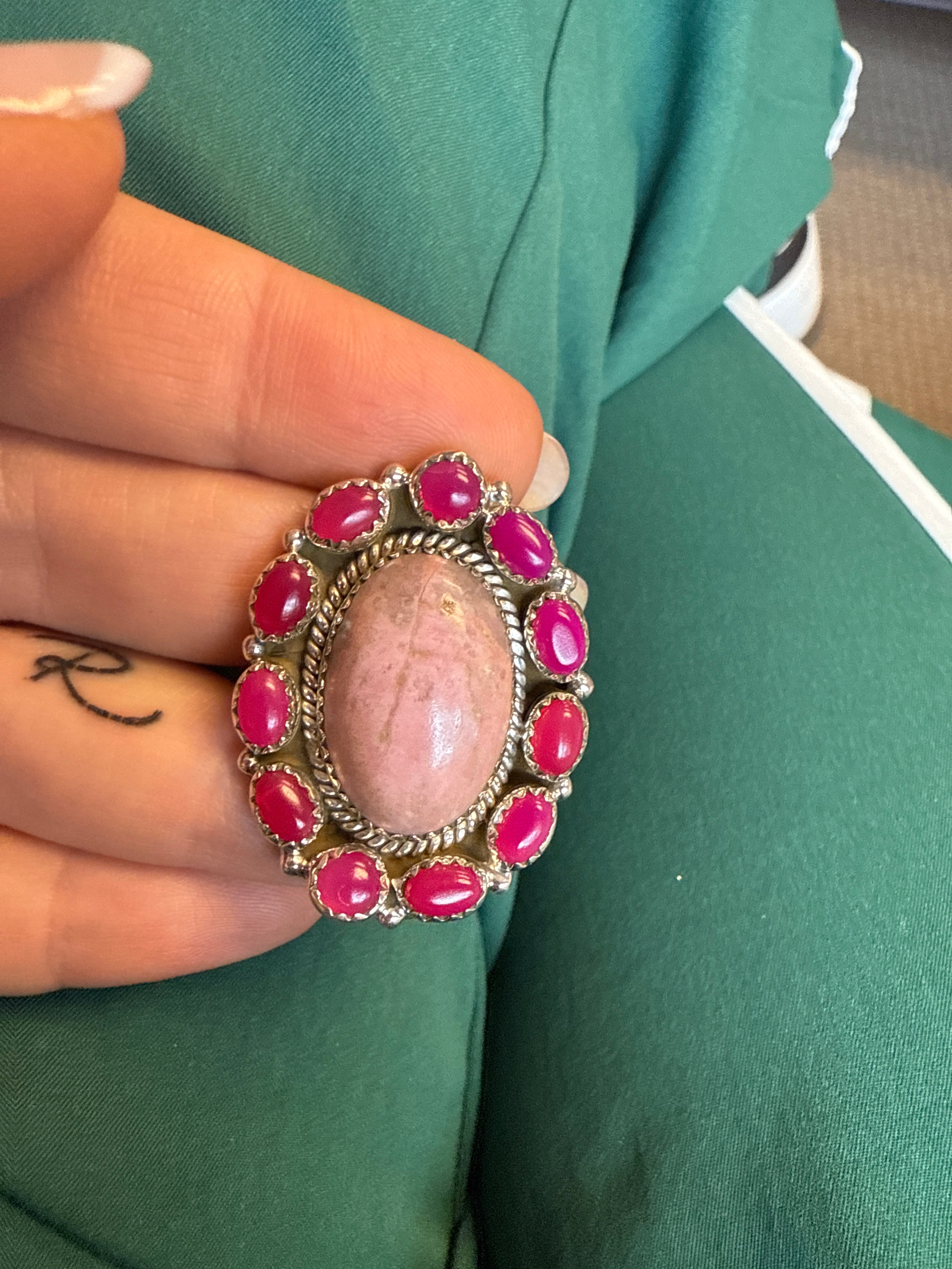 Handmade Adjustable Patalite, Pink Onyx & Sterling Silver Ring