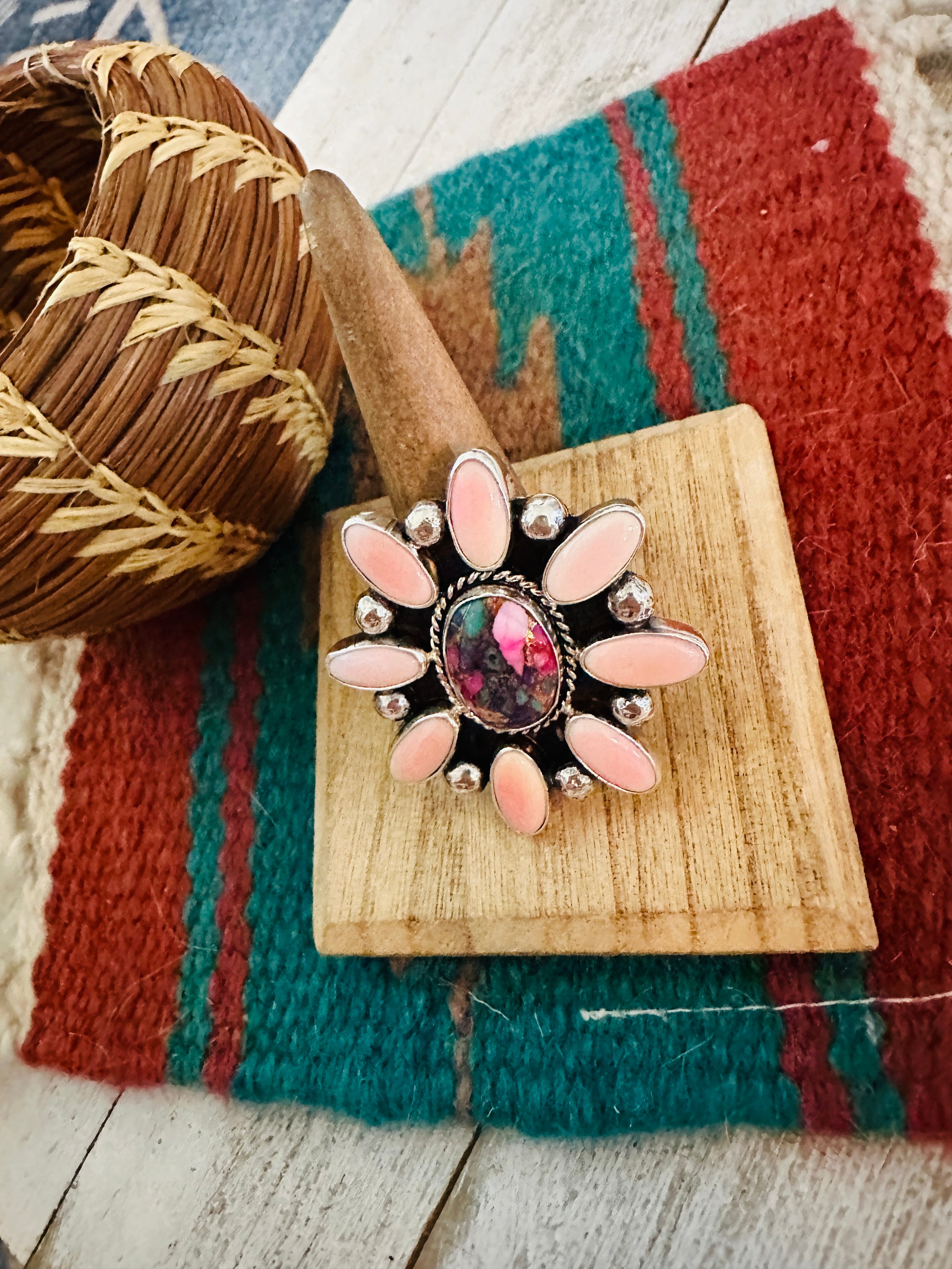 Navajo Sterling Silver, Queen Pink Conch & Pink Dream Cluster Adjustable Ring