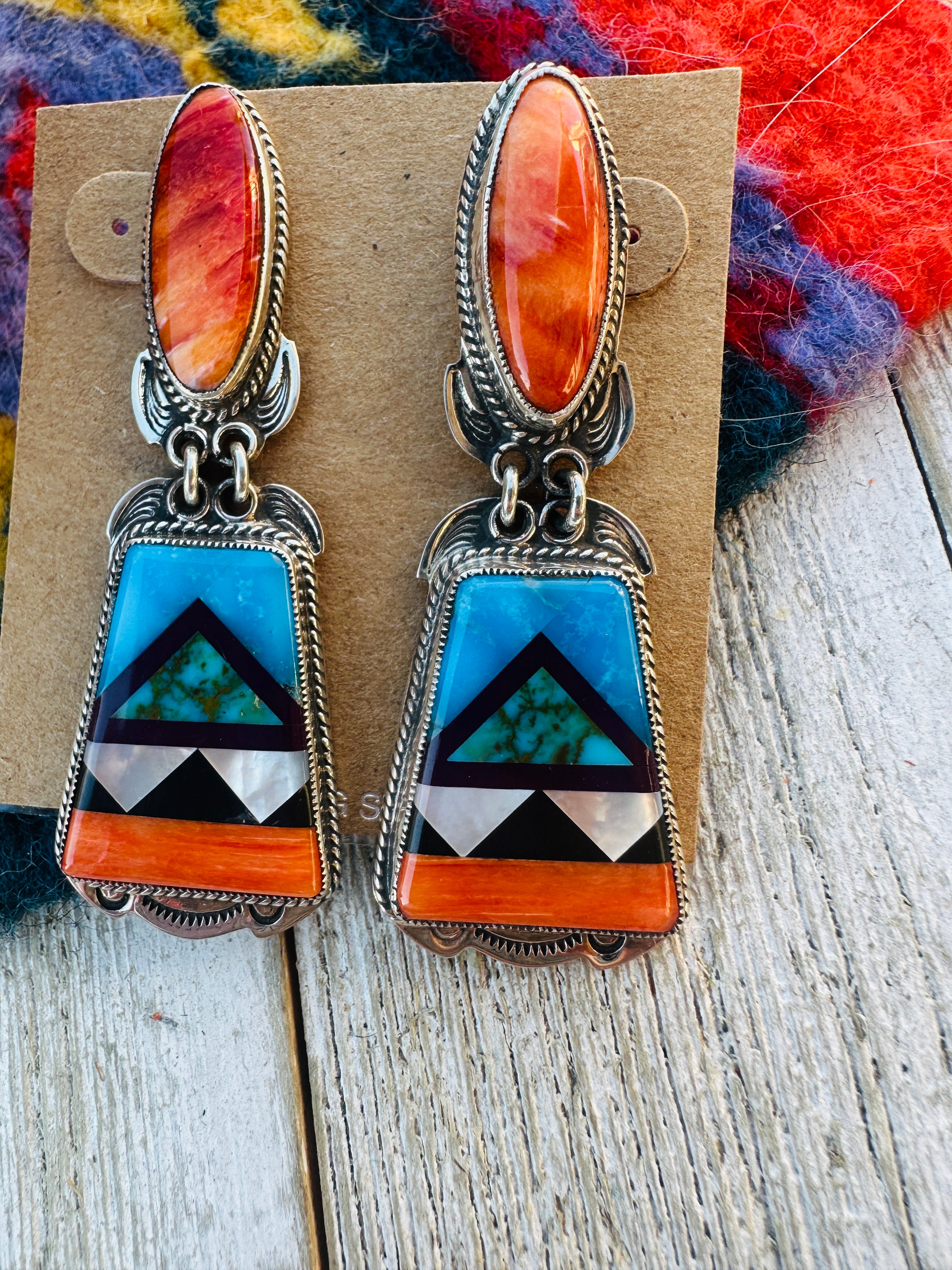 Aldrich Art Jewelry Multi Stone And Sterling Silver Inlay Dangle Earrings