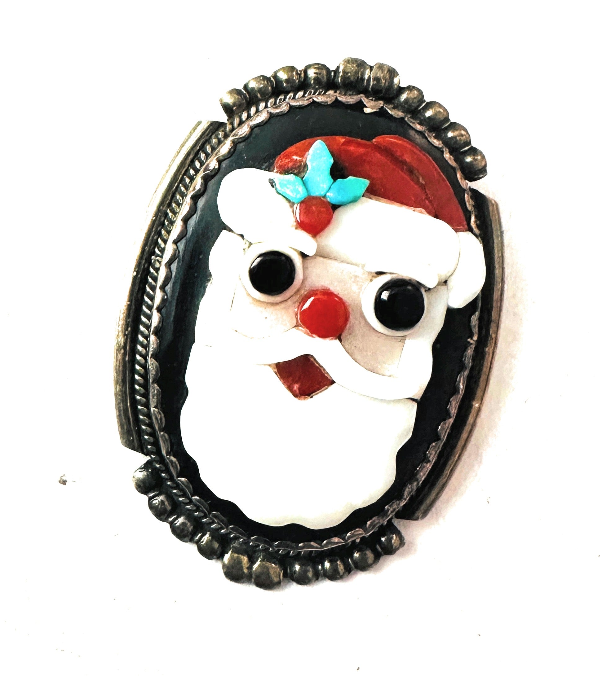 Vintage Zuni Multi Stone & Sterling Silver Inlay Santa Clause Brooch