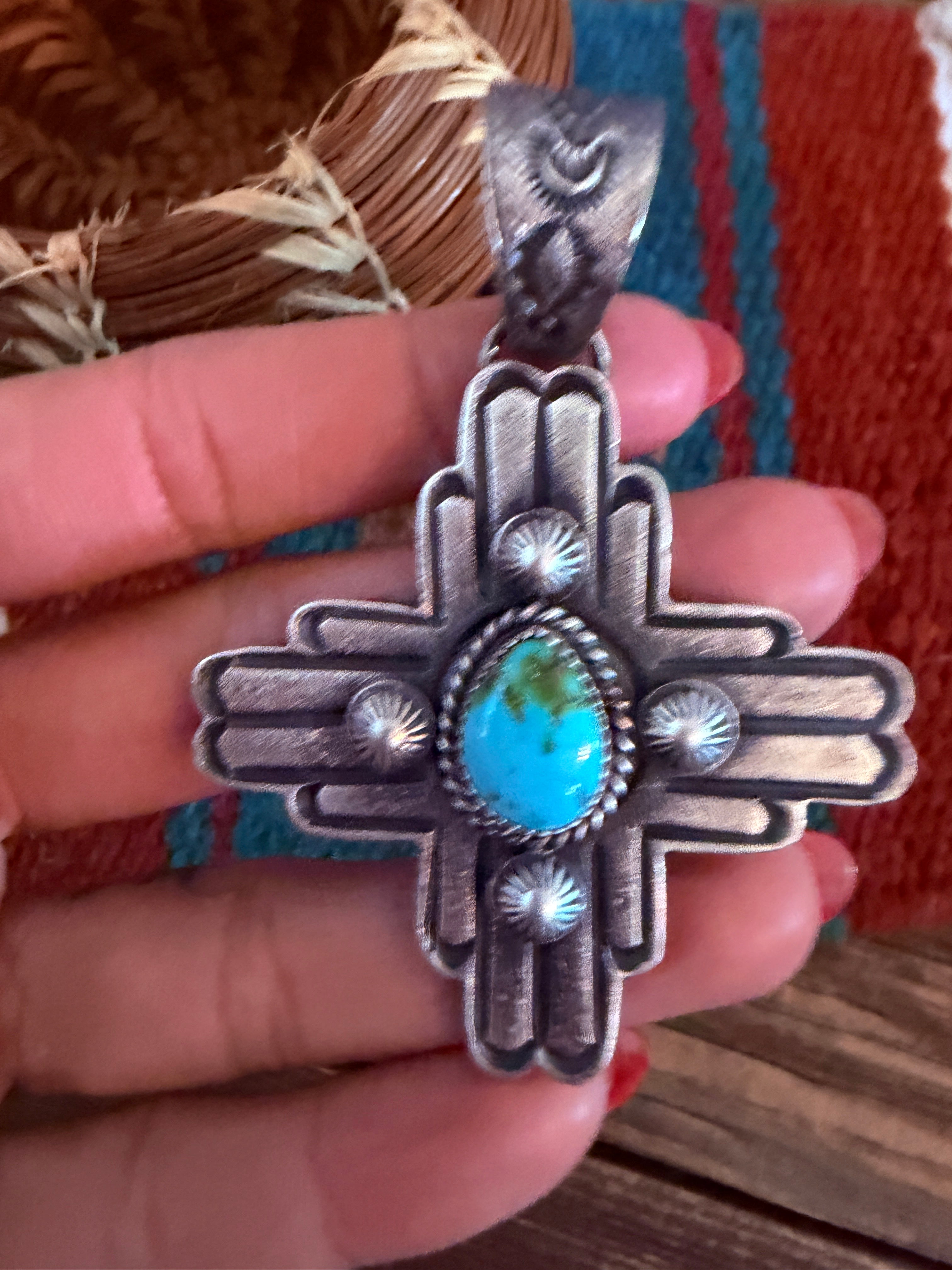 Handcrafted Sterling Silver & Sonoran Mountain Turquoise Zia Cross Pendant by Kevin Billah
