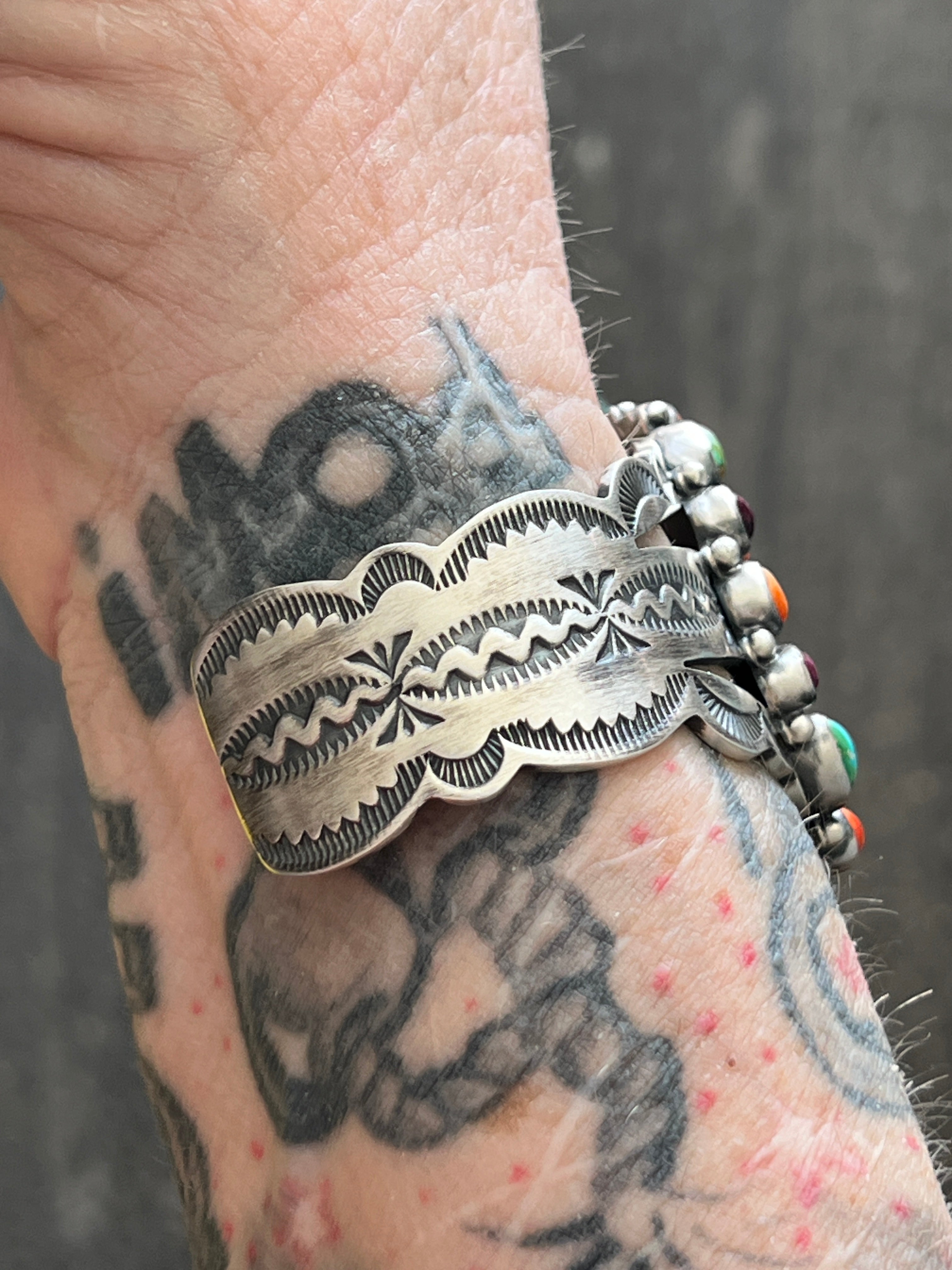 Handcrafted Sterling Silver Electric Rainbow Sonoran Turquoise and Spiny Oyster Cluster Cuff Bracelet by Murphy Platero