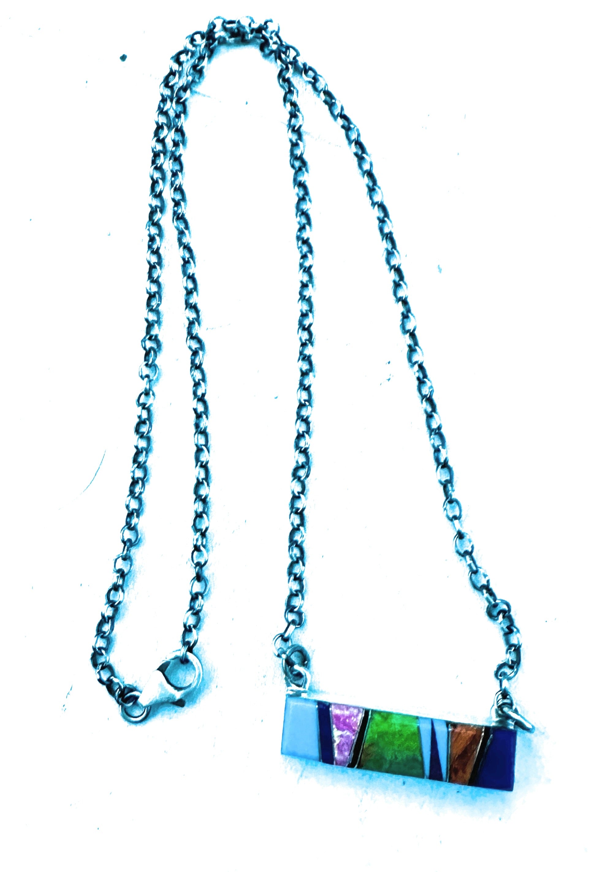 Navajo Multi Stone & Sterling Silver Inlay Bar Necklace