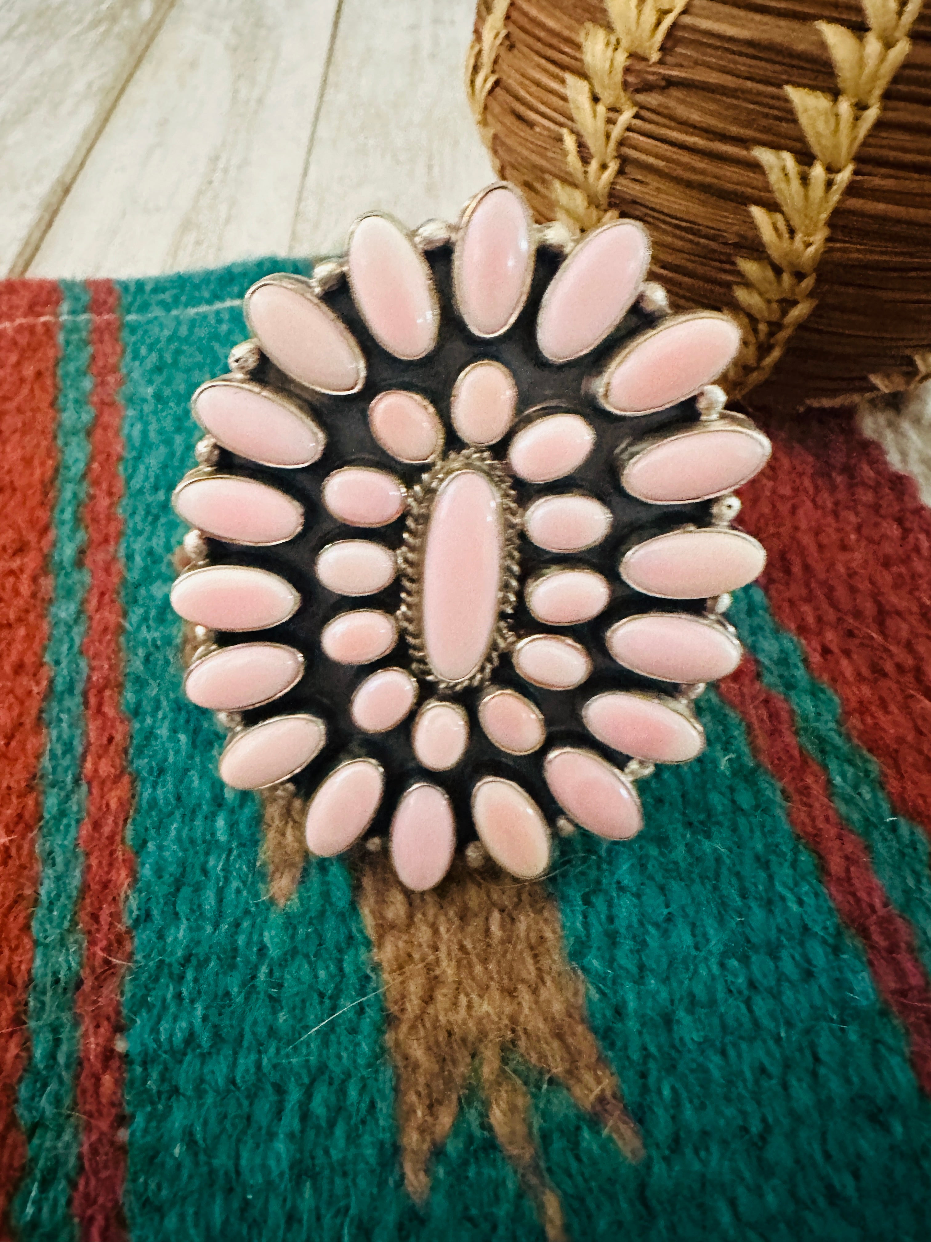 Navajo Queen Pink Conch Shell & Sterling Silver Cluster Cuff Bracelet