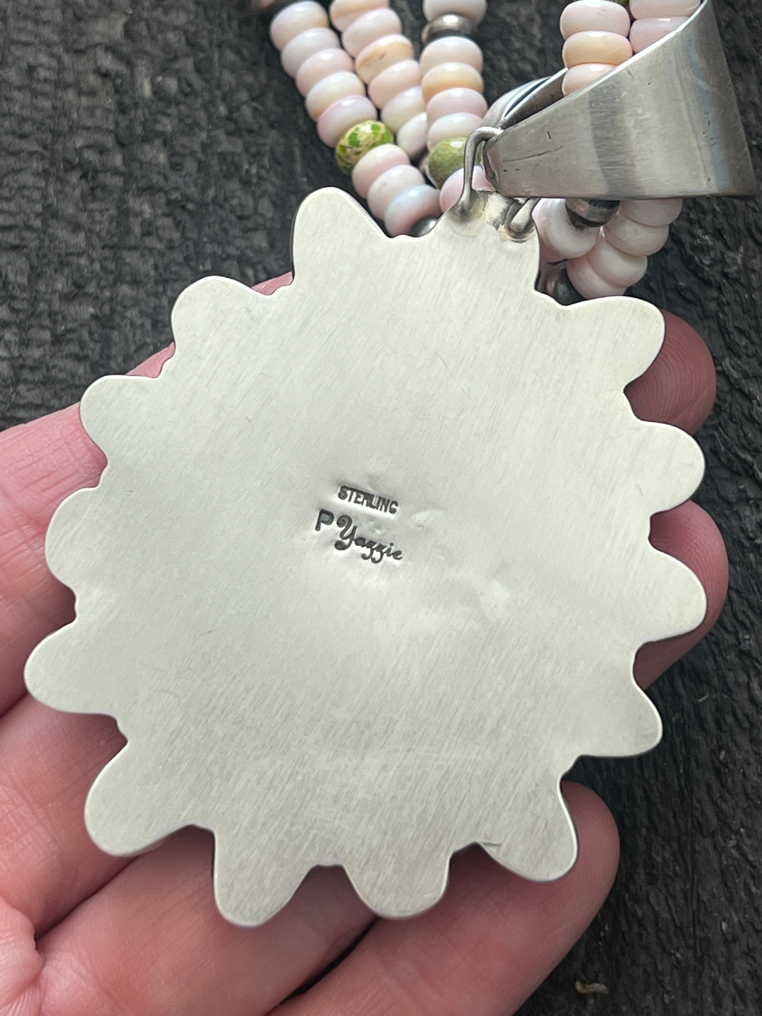 Handcrafted Sonoran Gold Turquoise, Sterling Silver and Pink Conch Cluster Pendant w/ Beaded Multistrand Necklace by Patrick Yazzie