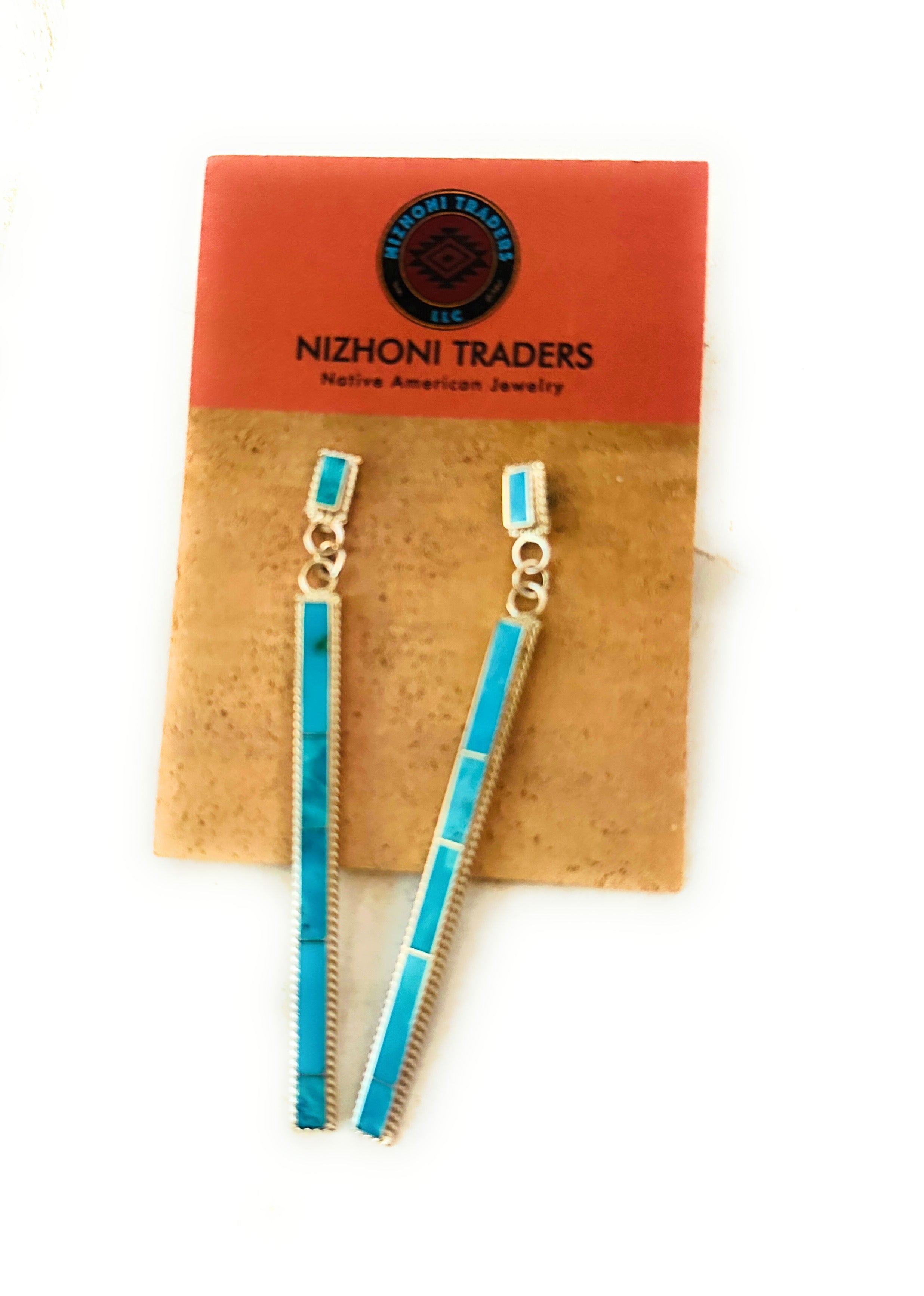 Navajo Turquoise & Sterling Silver Inlay Dangle Earrings