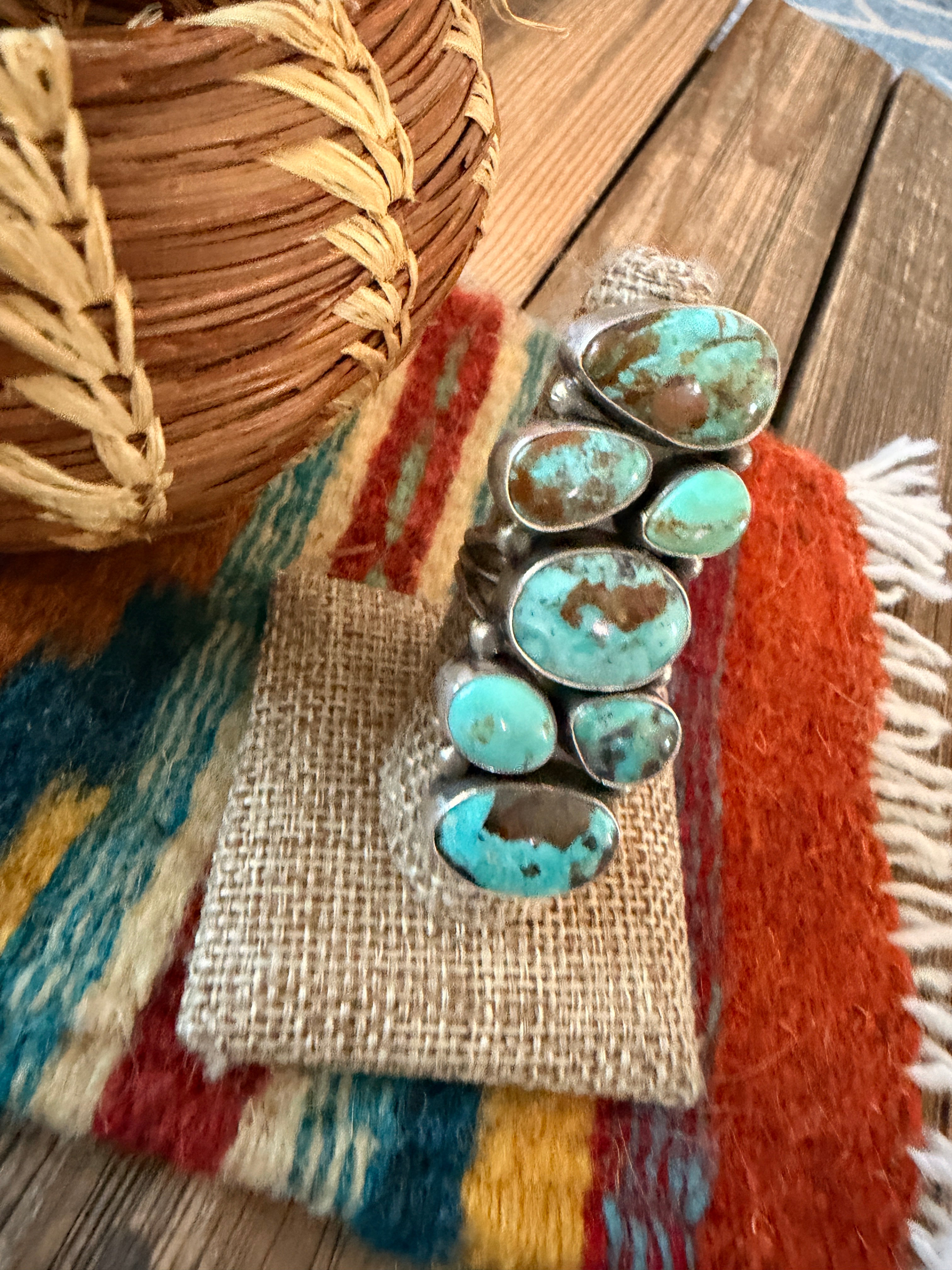 Handcrafted Turquoise & Sterling Silver Cluster Ring Size 8