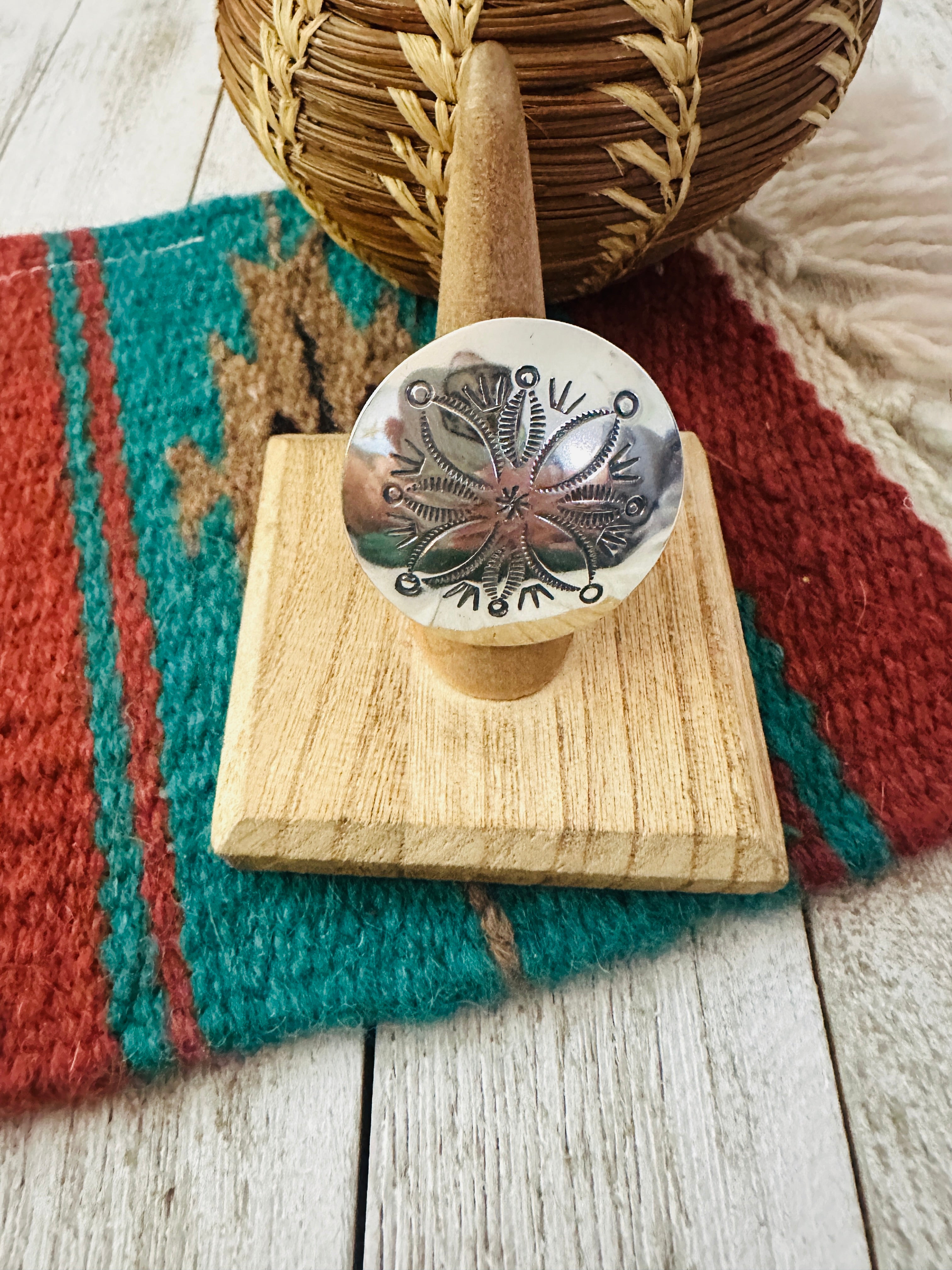 Navajo Sterling Silver Hand Stamped Concho Adjustable Ring