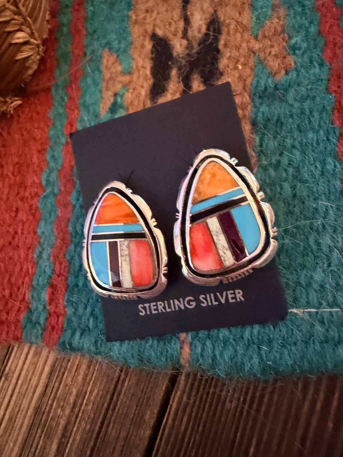 Handcrafted Multi Stone & Sterling Silver Inlay Post Earrings