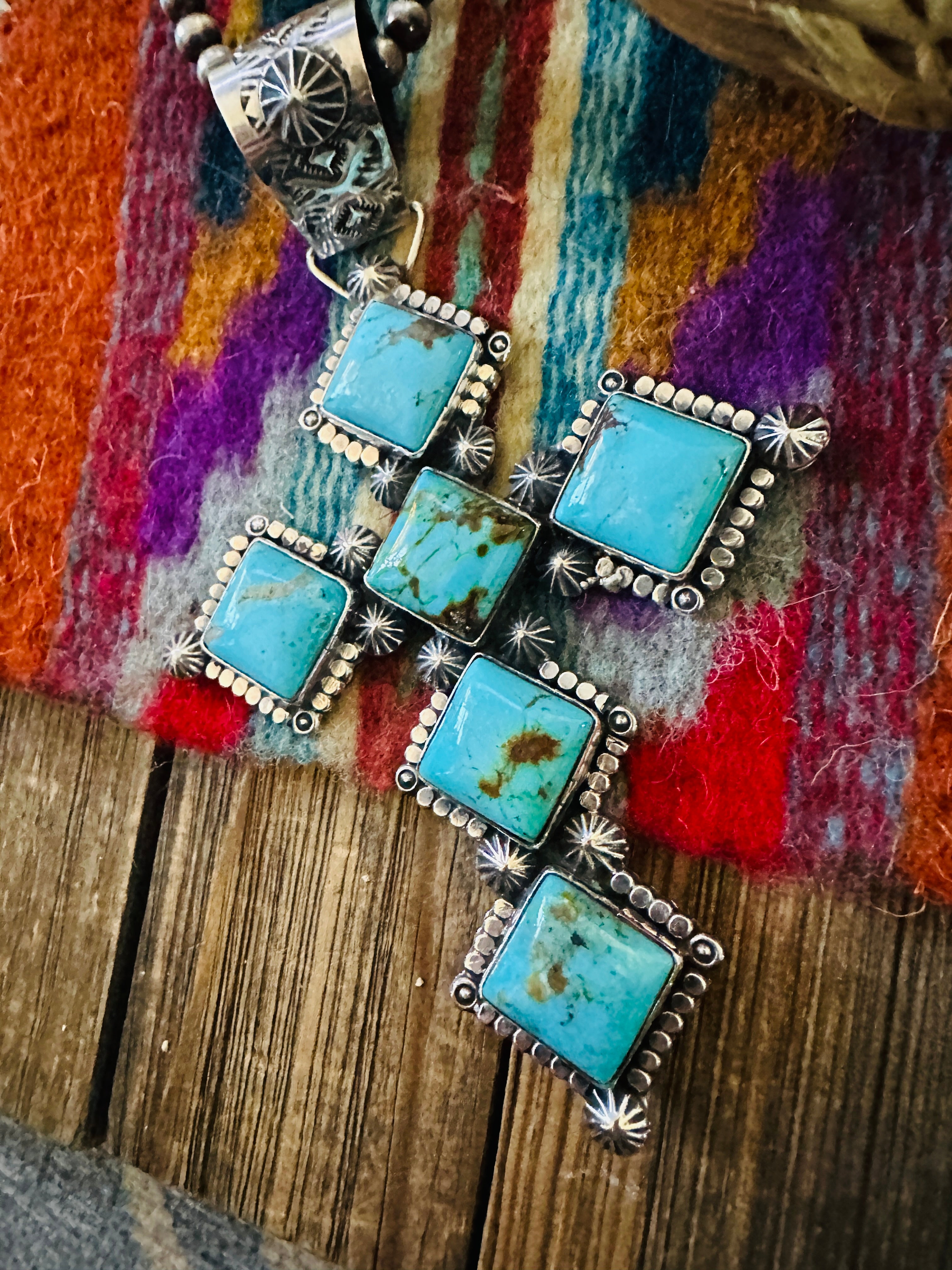 Handcrafted Sterling Silver & Kingman Turquoise Cross Pendant by Rosella Paxson