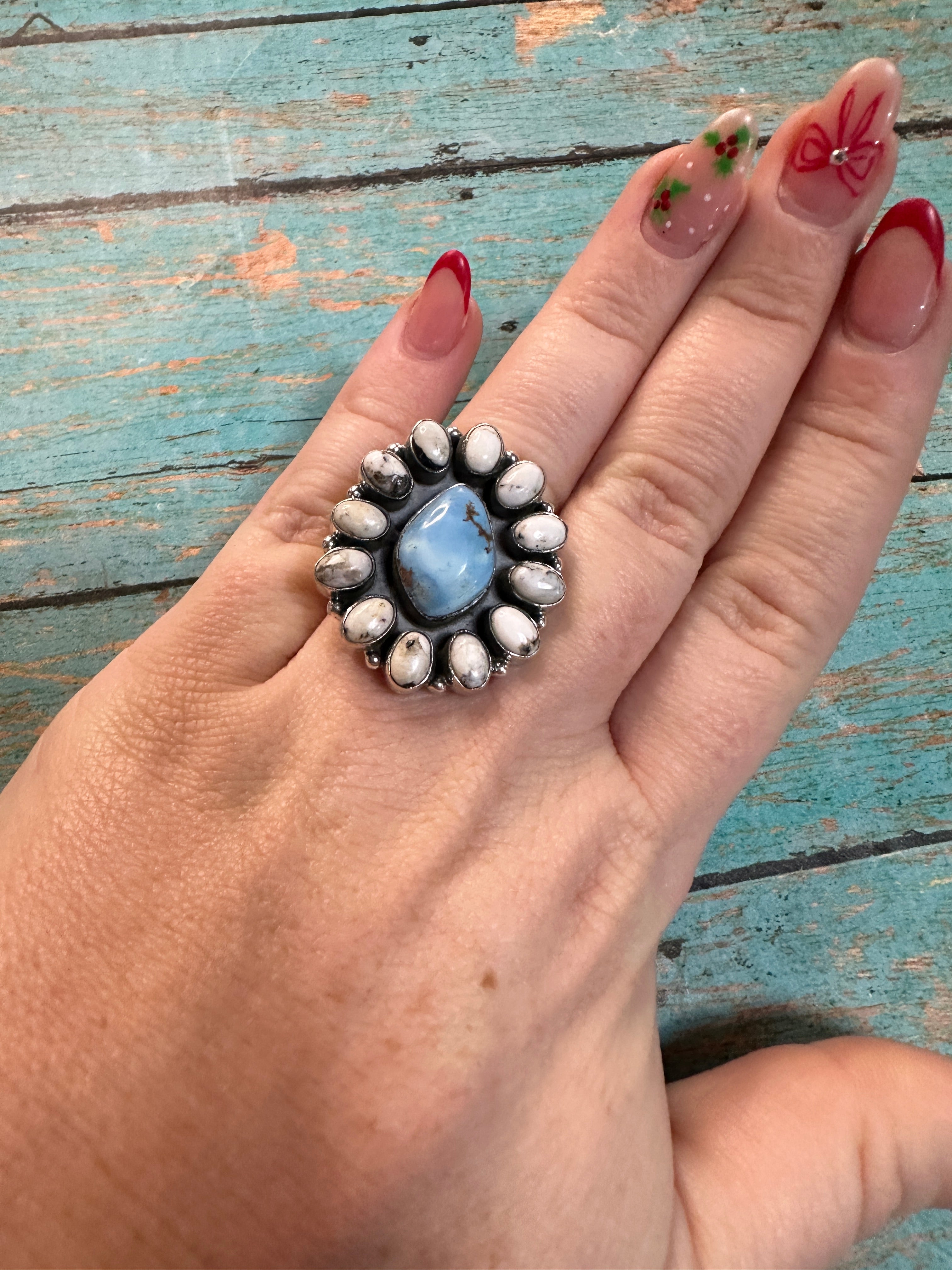 Beautiful Handmade White Buffalo, Golden Hills Turquoise And Sterling Silver Adjustable Ring