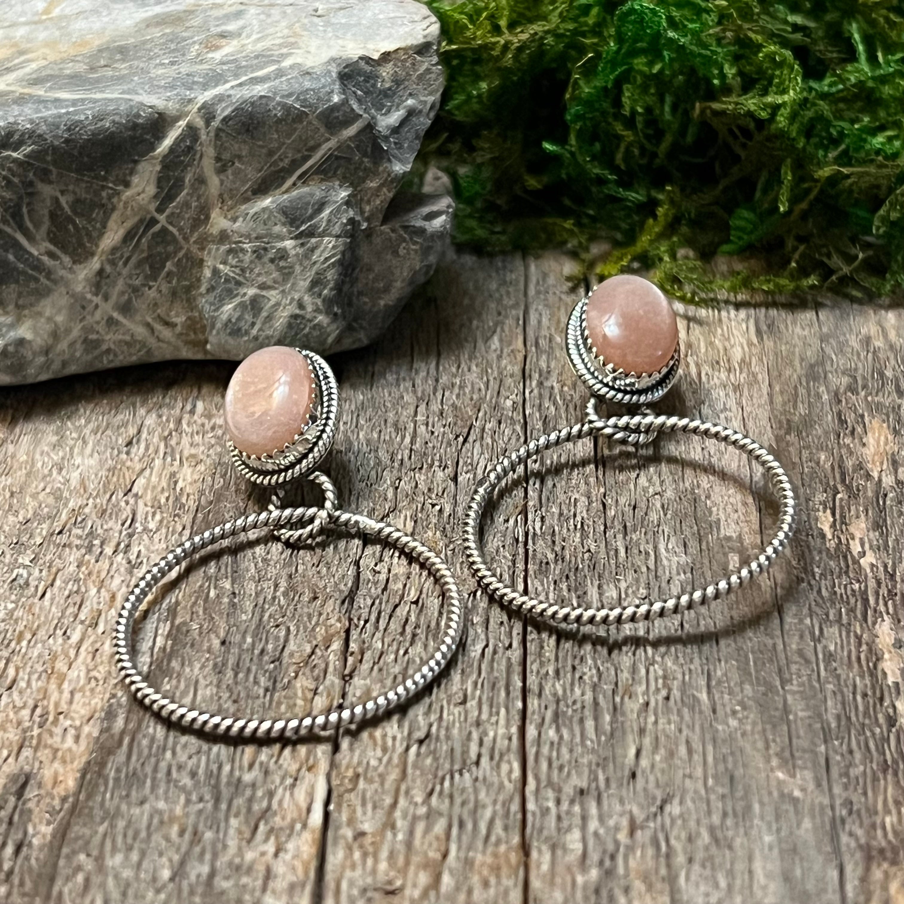 Handmade Pink Opal & Sterling Silver Hoop Earrings