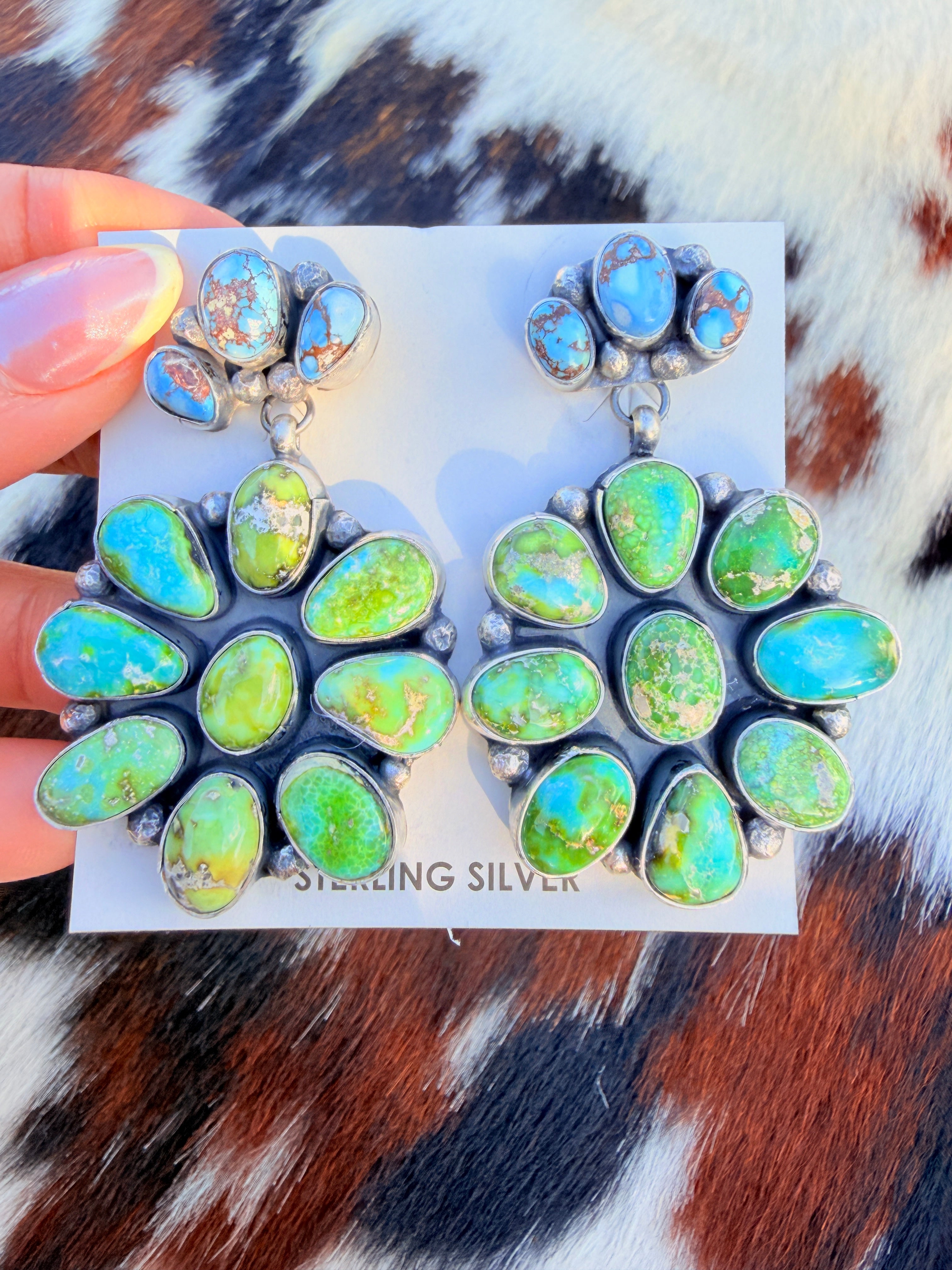 Handcrafted Multi Turquoise & Sterling Silver Cluster Dangle Earrings