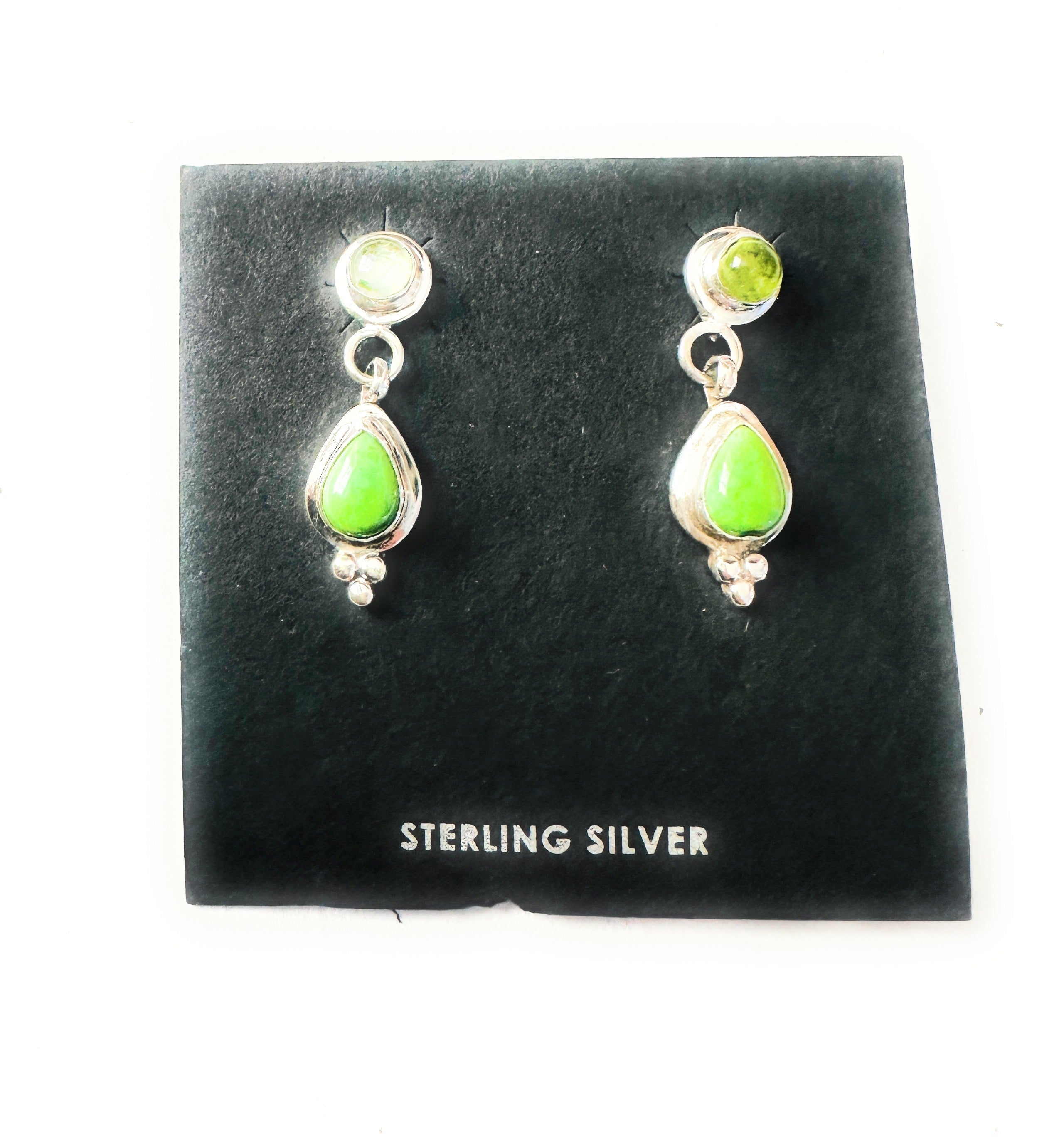 Navajo Gaspeite, Garner & Sterling Silver Dangle Earrings