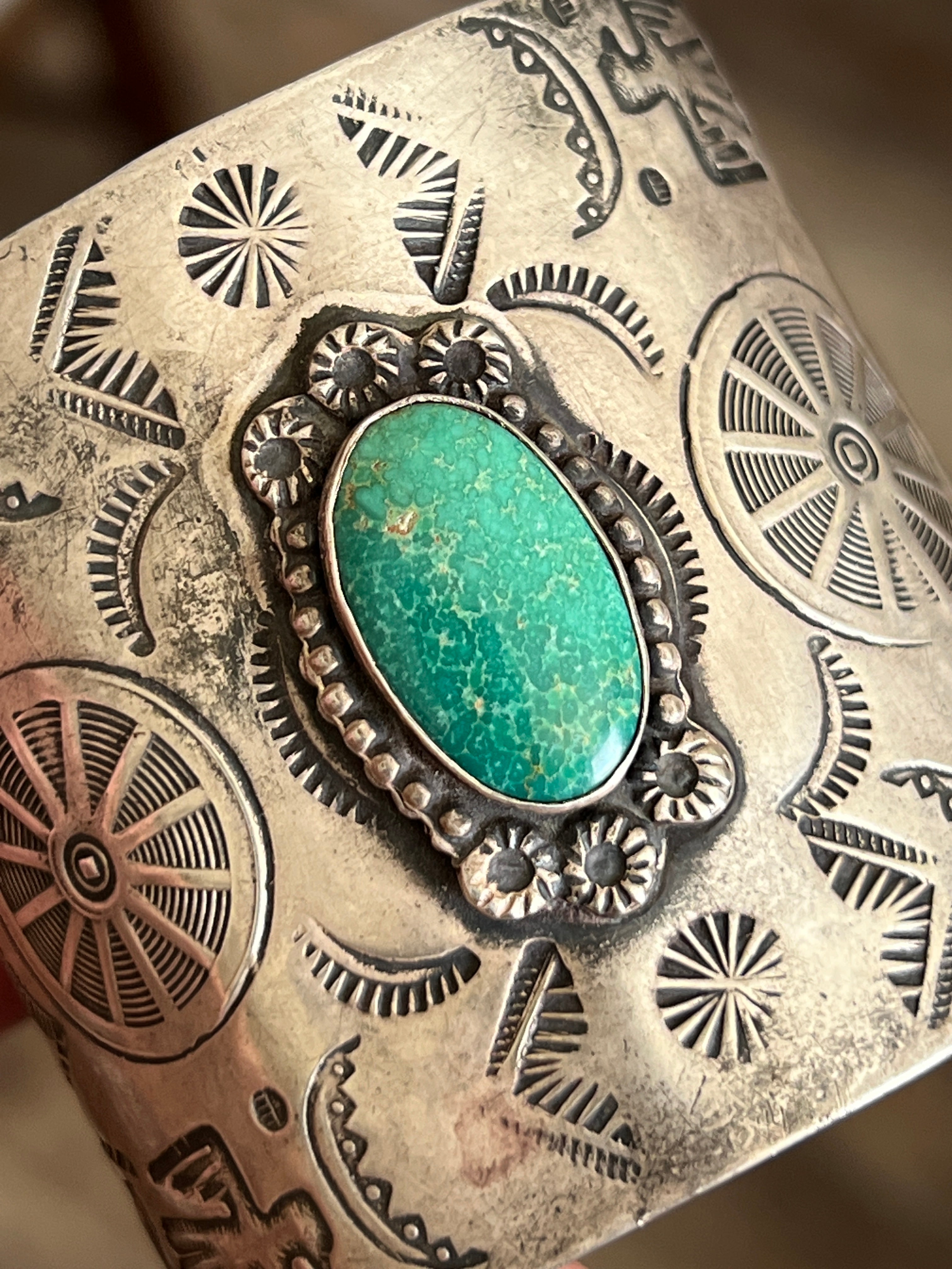 Handcrafted Vintage Fred Harvey Era Symbolic Collage TurquoiseSterling Silver Cuff Bracelet