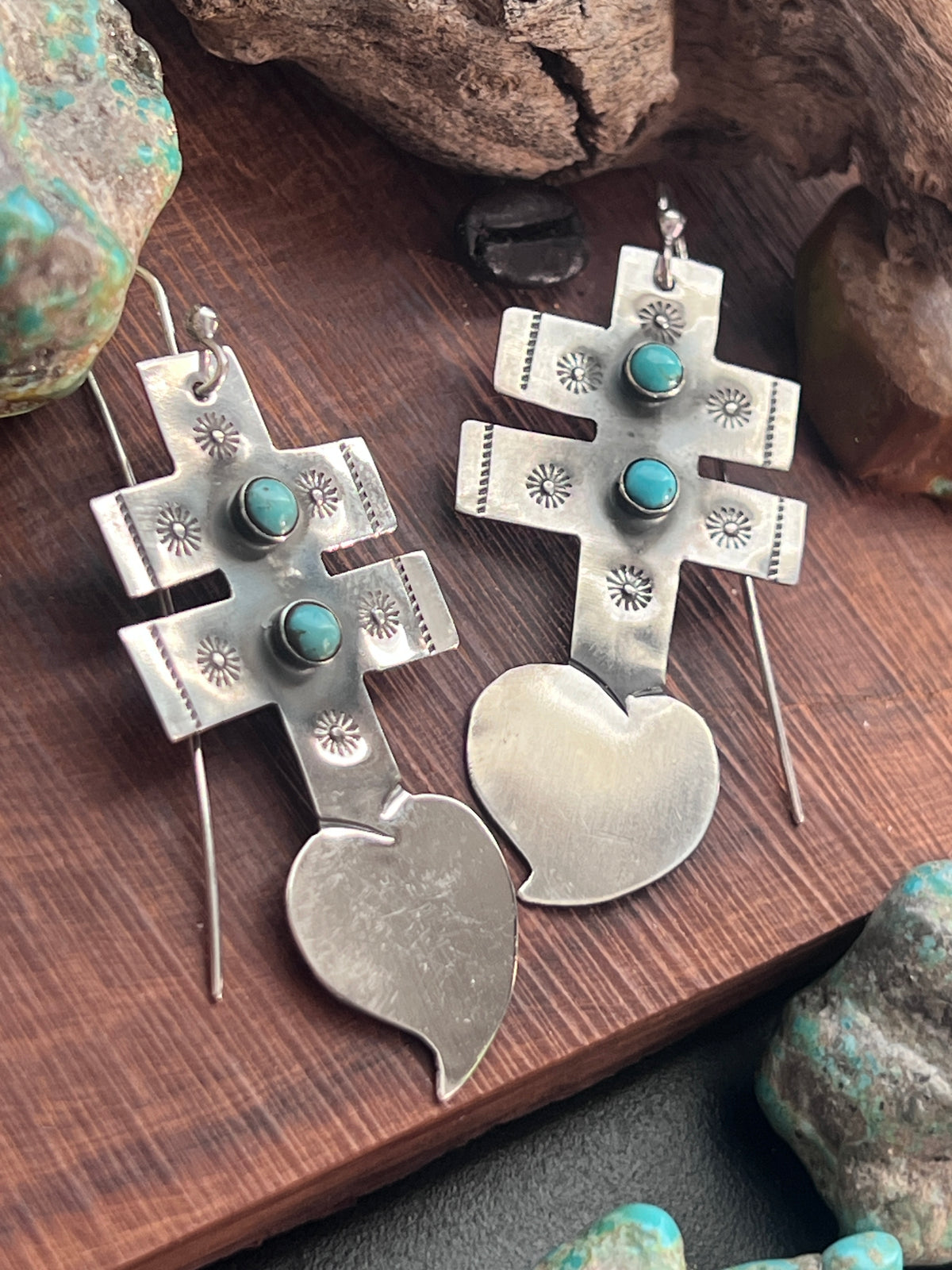 Hand Stamped Sterling Silver Dragonfly Cross Heart Dangle Earrings with Kingman Turquoise by Kimari Somers, Squared Bars
