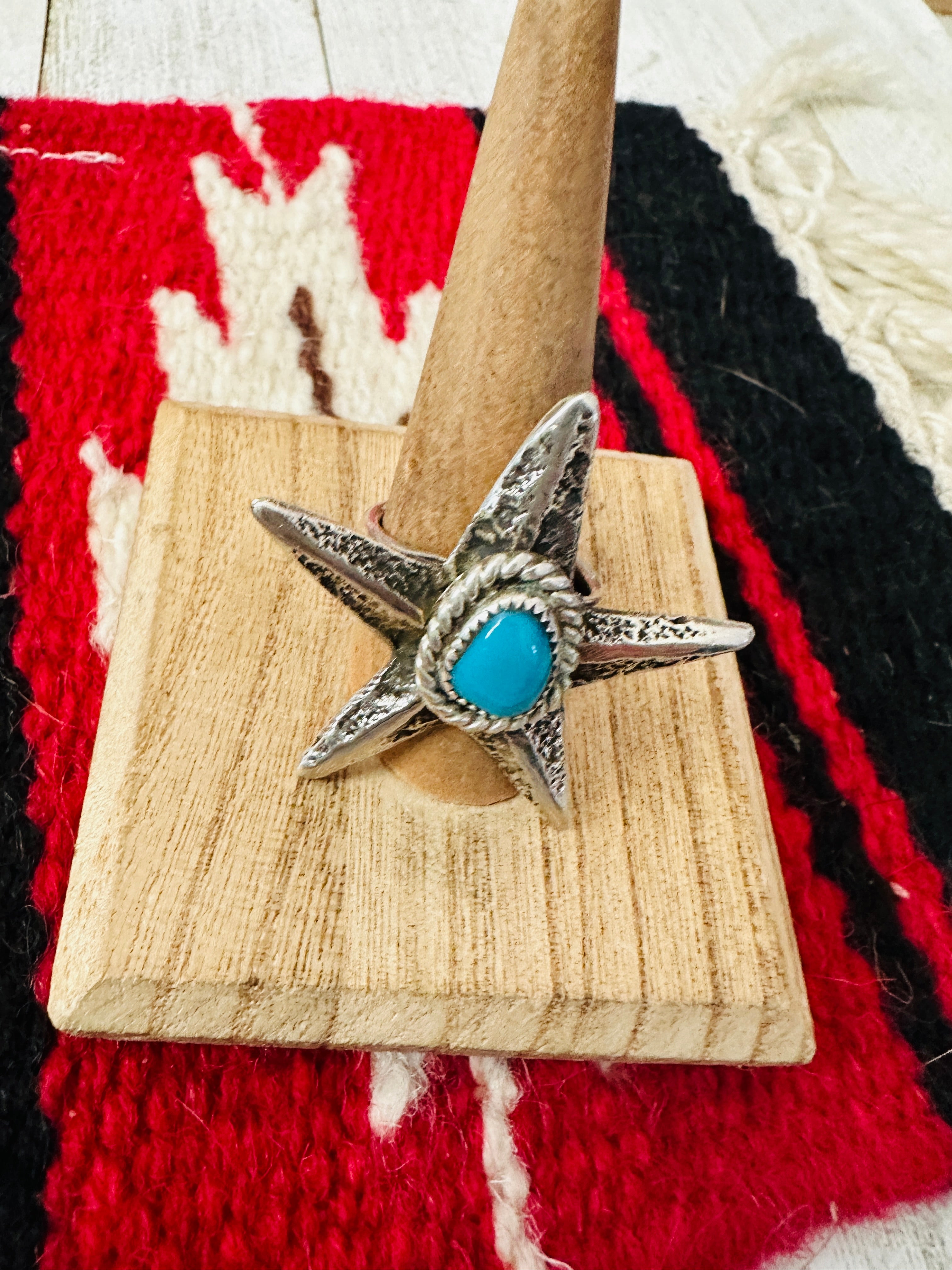 Hand Cast Turquoise & Sterling Silver Star Ring Size 9.75