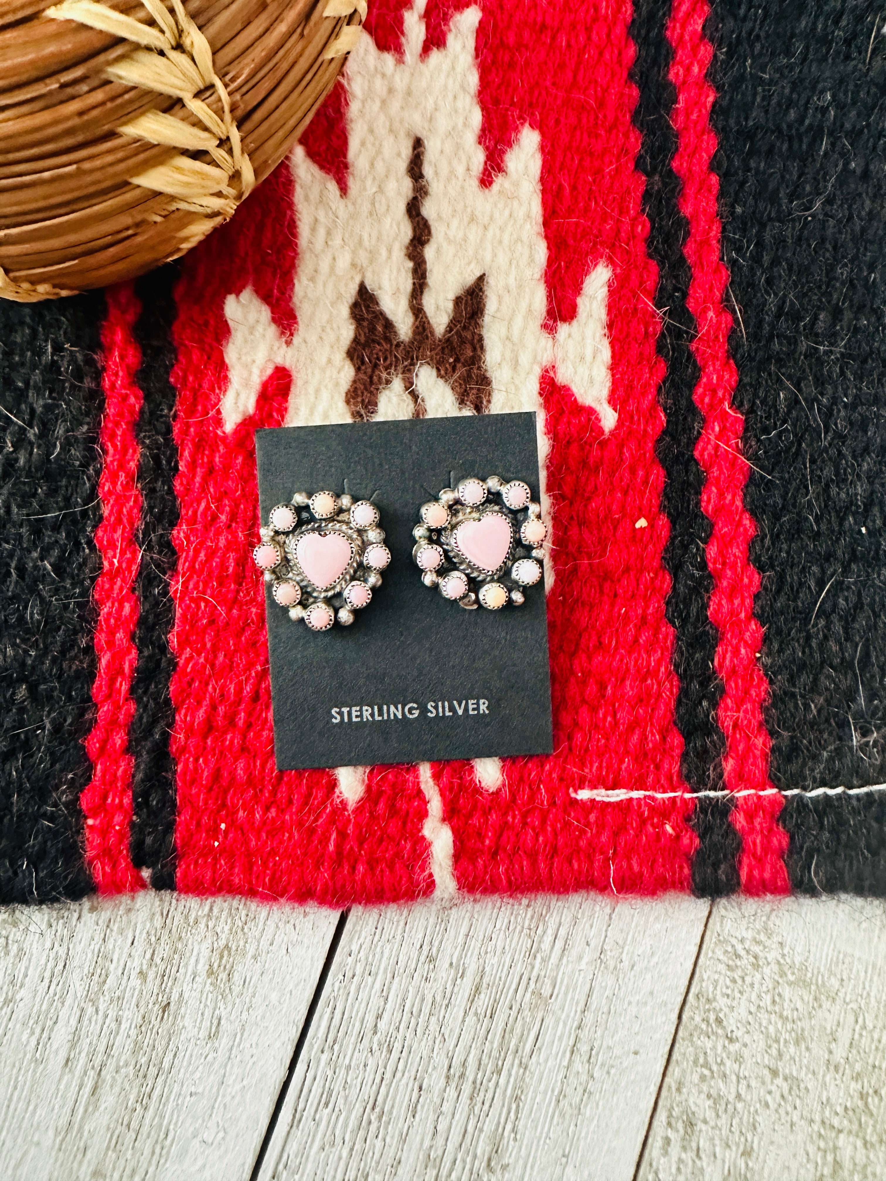 Navajo Sterling Silver & Queen Pink Conch Cluster Heart Earrings