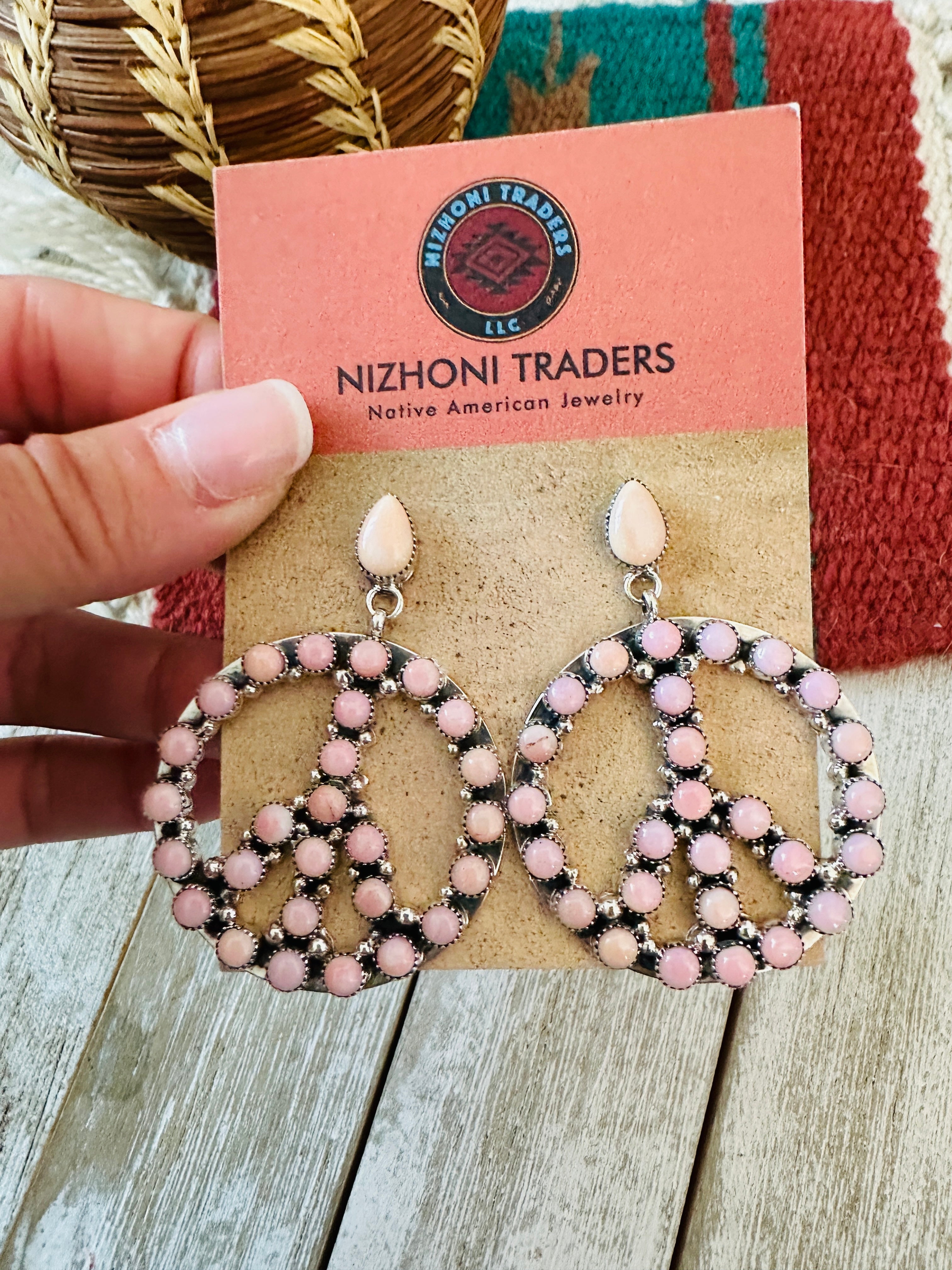Navajo Queen Pink Conch & Sterling Silver Peace Sign Dangle Earrings
