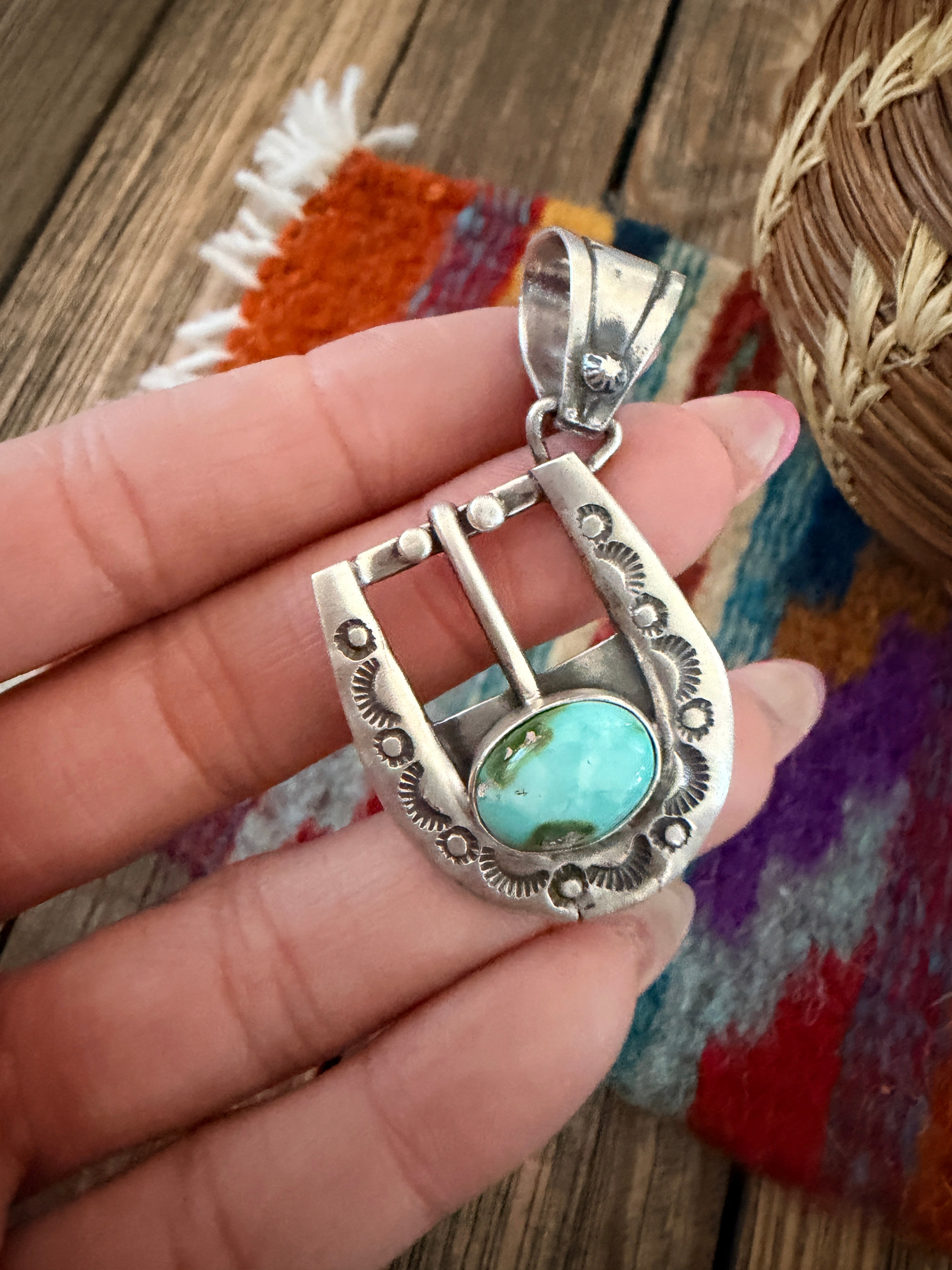 Handcrafted Sterling Silver & Turquoise Belt Buckle Pendant by Leroy James