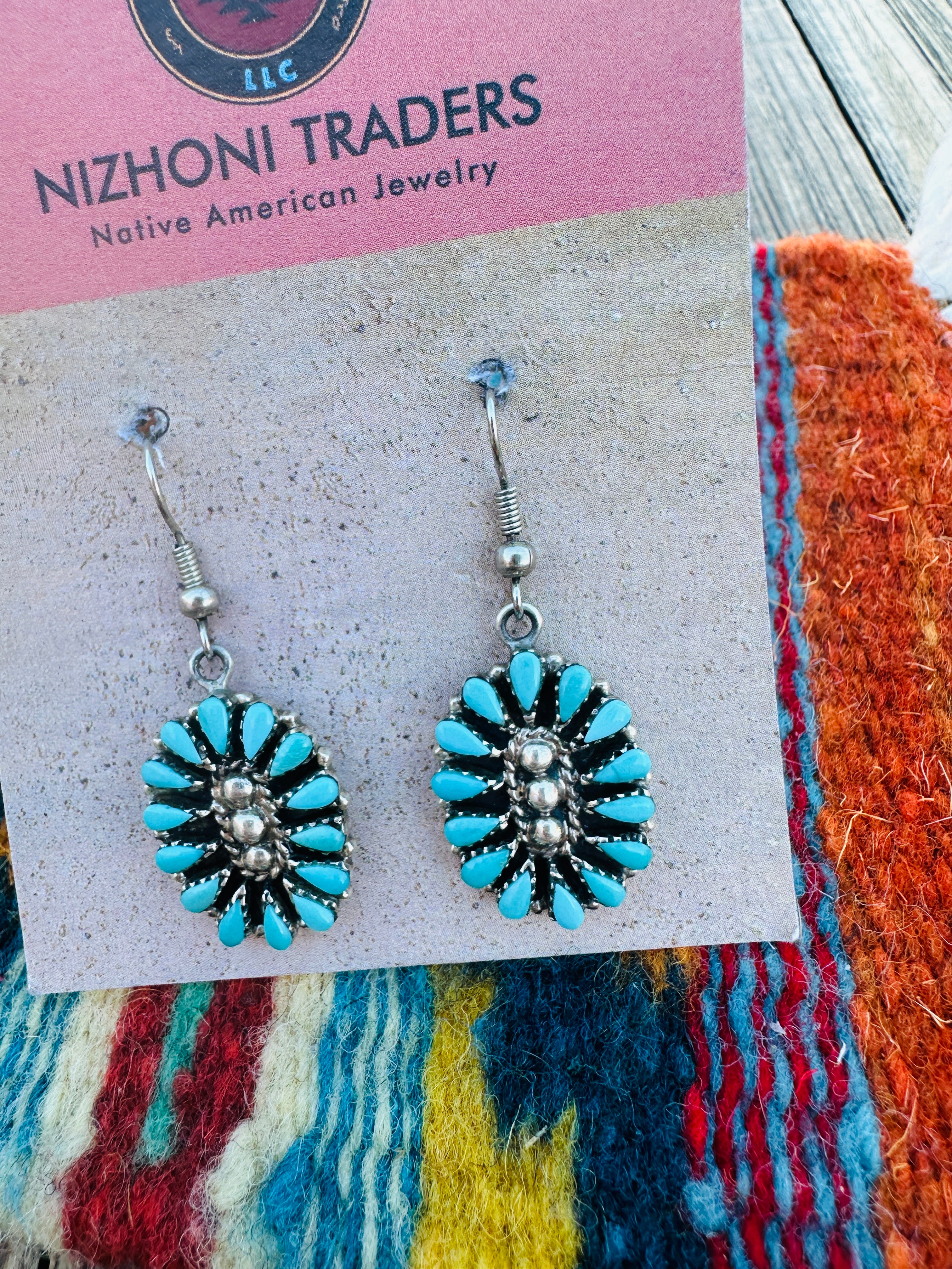 Handcrafted Old Pawn Sterling Silver & Turquoise Cluster Dangle Earrings