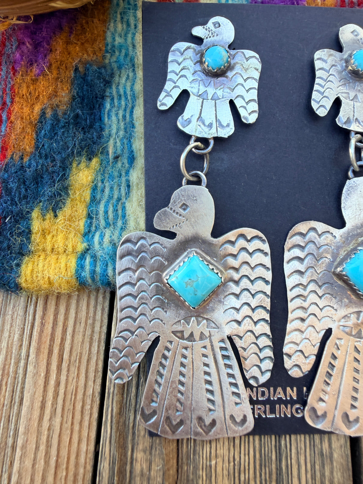 Handcrafted Sterling Silver & Turquoise Thunderbird Dangle Earrings by Gabrielle Yazzie