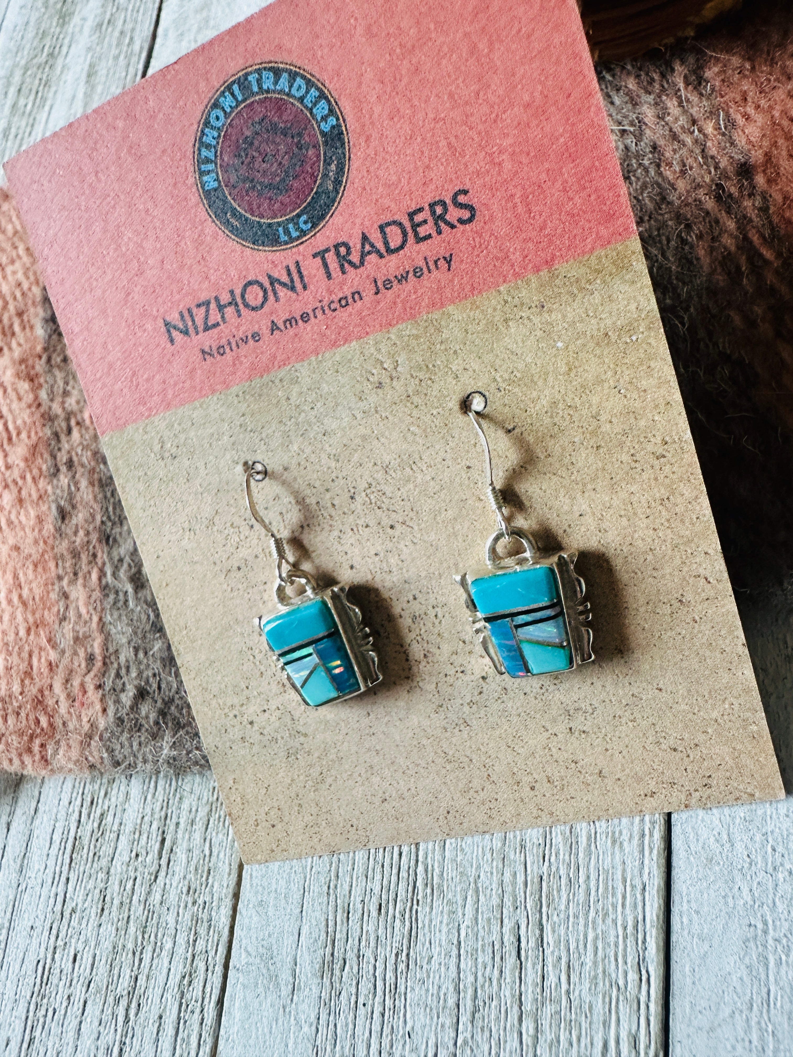 Navajo Sterling Silver & Multi Stone Inlay Dangle Earrings