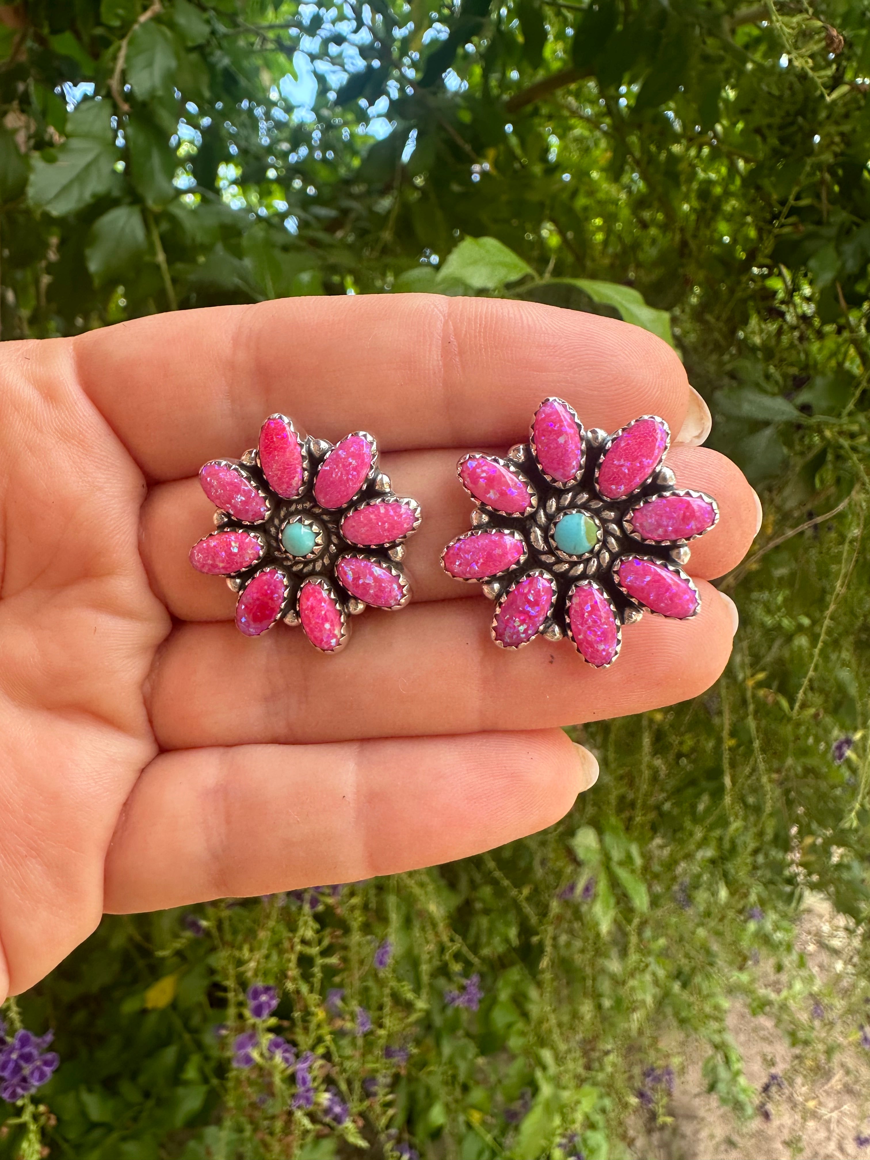 Handmade Hot Pink Fire Opal, Turquoise and Sterling Silver Flower Post Earrings