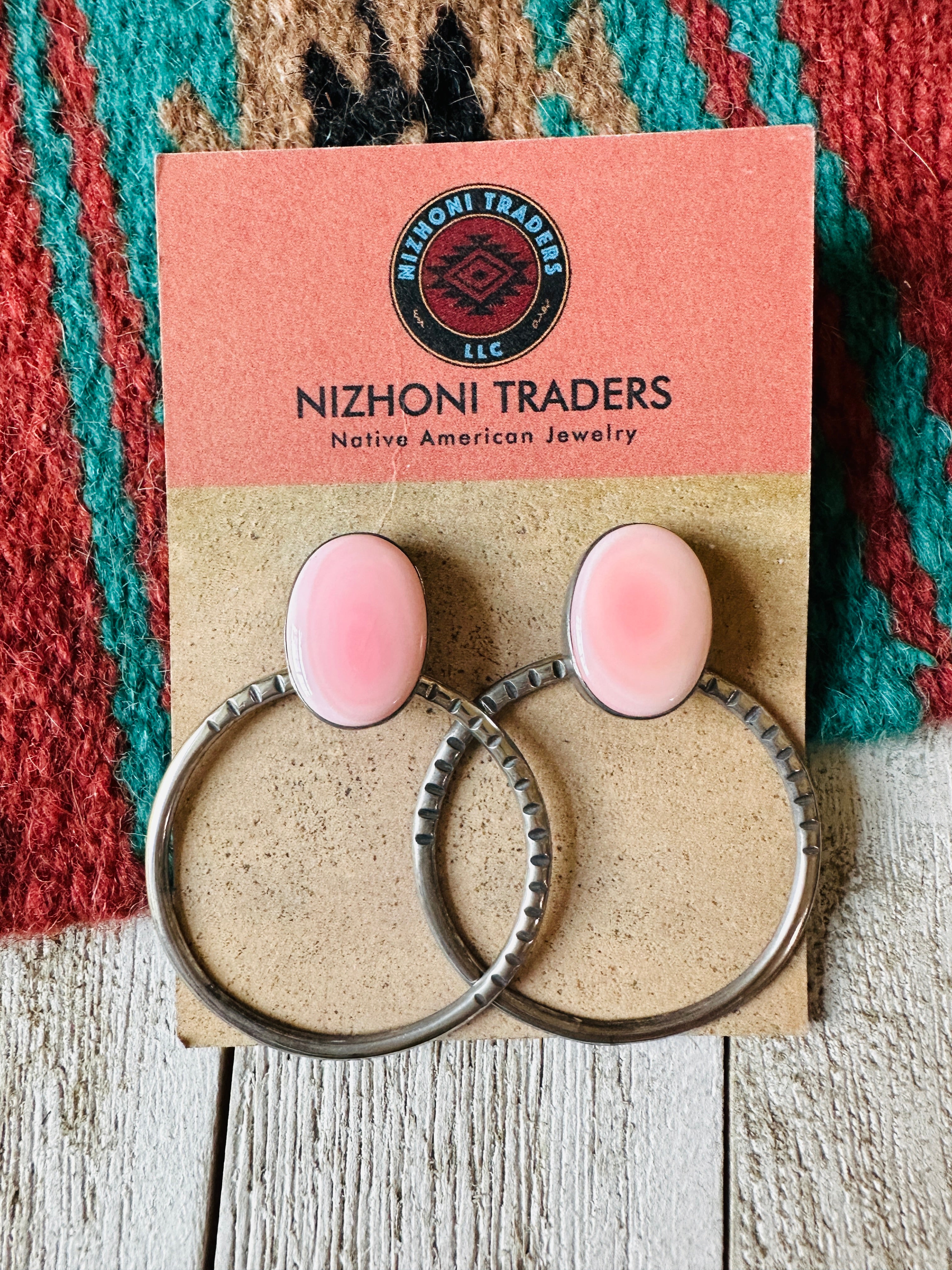 Navajo Queen Pink Conch & Sterling Silver Hoop Earrings