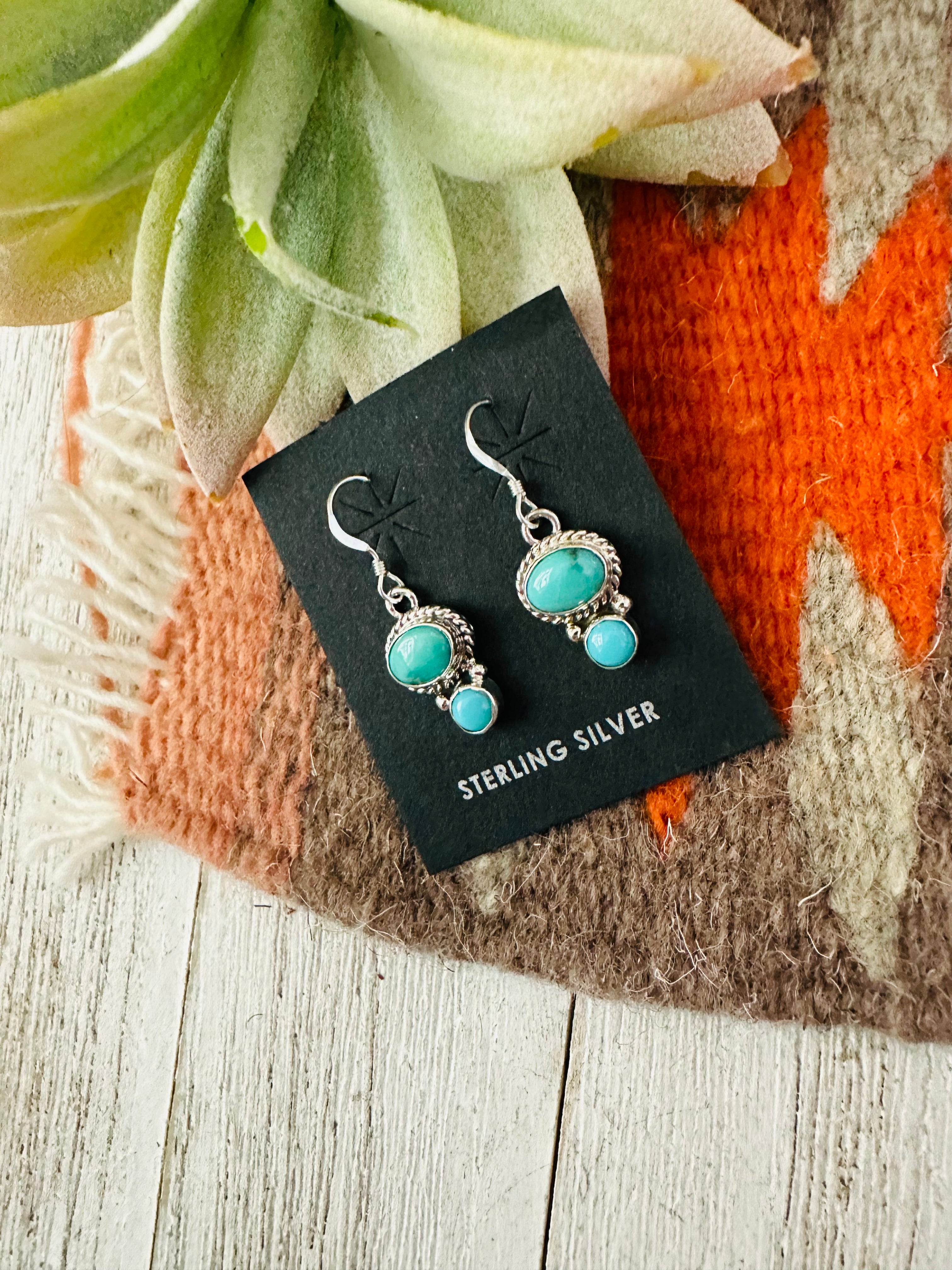 Navajo Turquoise and Sterling Silver Two Stone  Dangle Earrings